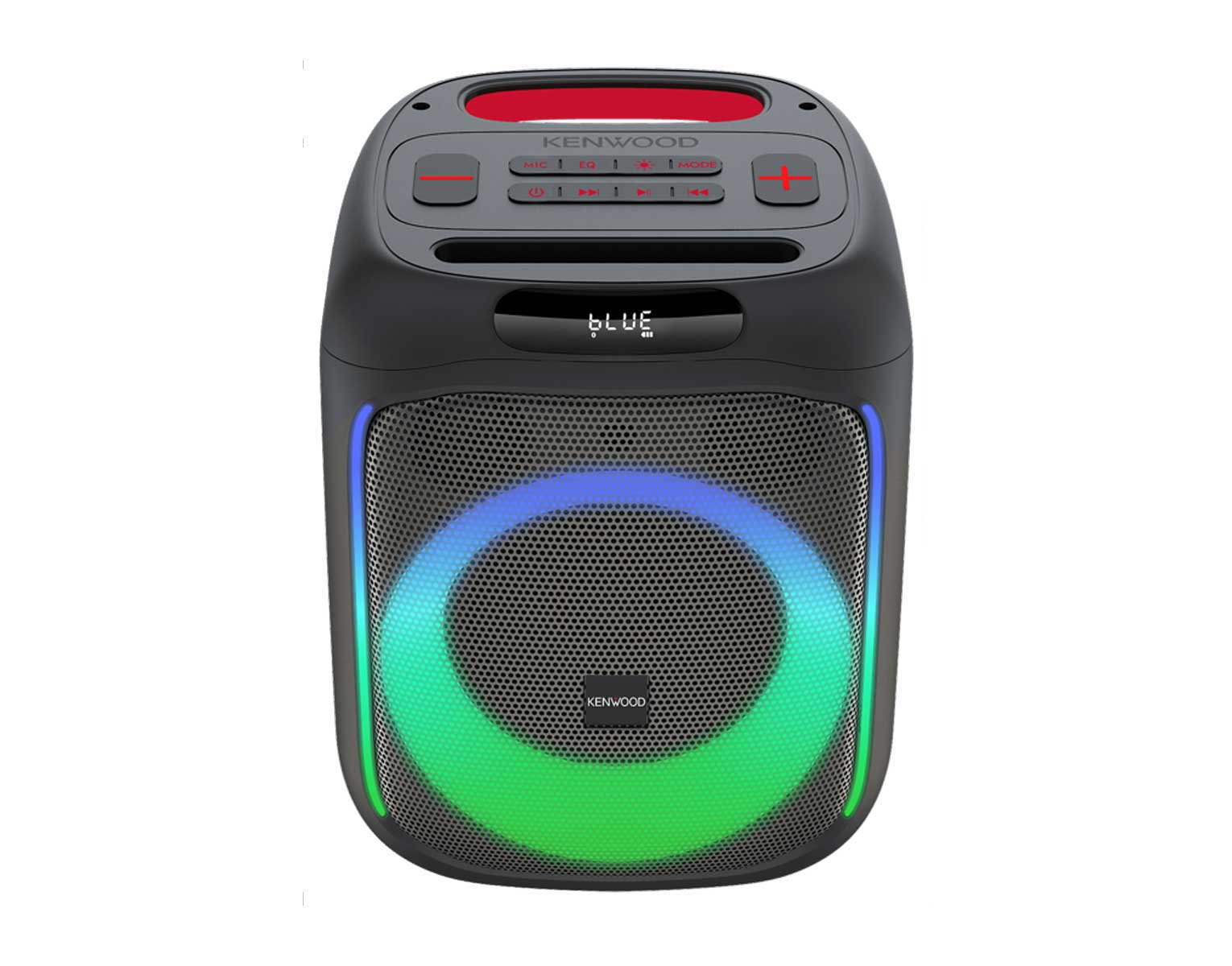 Zwarte Kenwood luidspreker met verlichte ring in blauw en groen, en bedieningsknoppen bovenop.