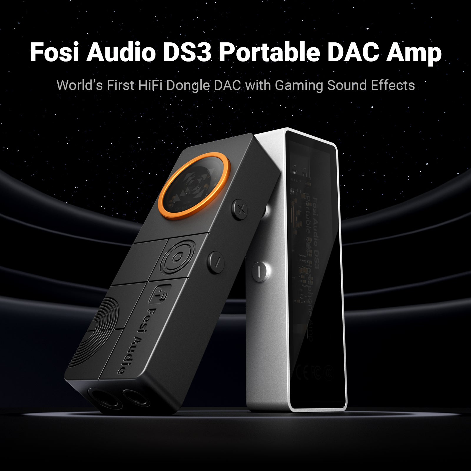 A black and silver Fosi Audio DS3 DAC Amp device with an orange ring and starry background.