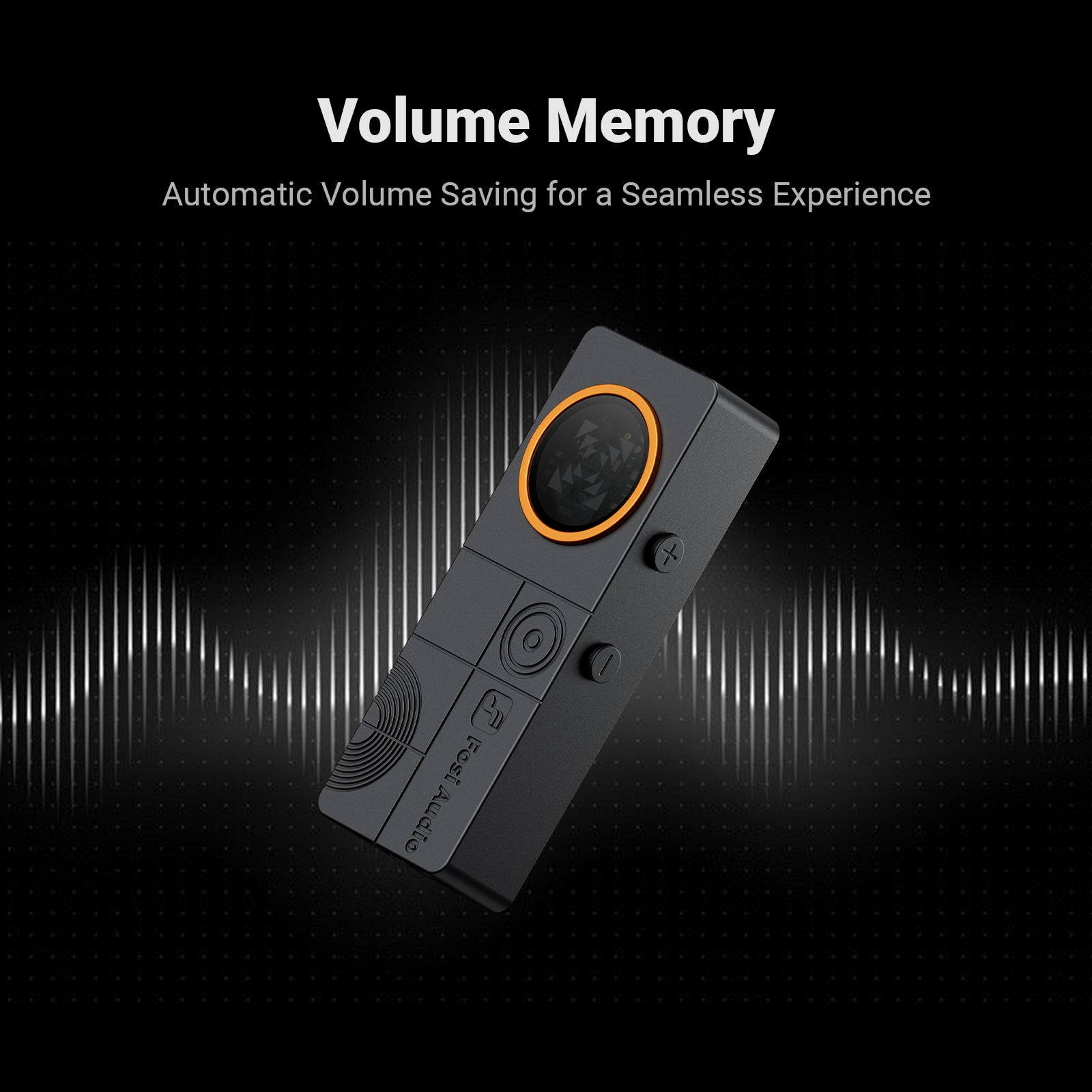 A black audio device with an orange screen and buttons, against a dark background with waves.
