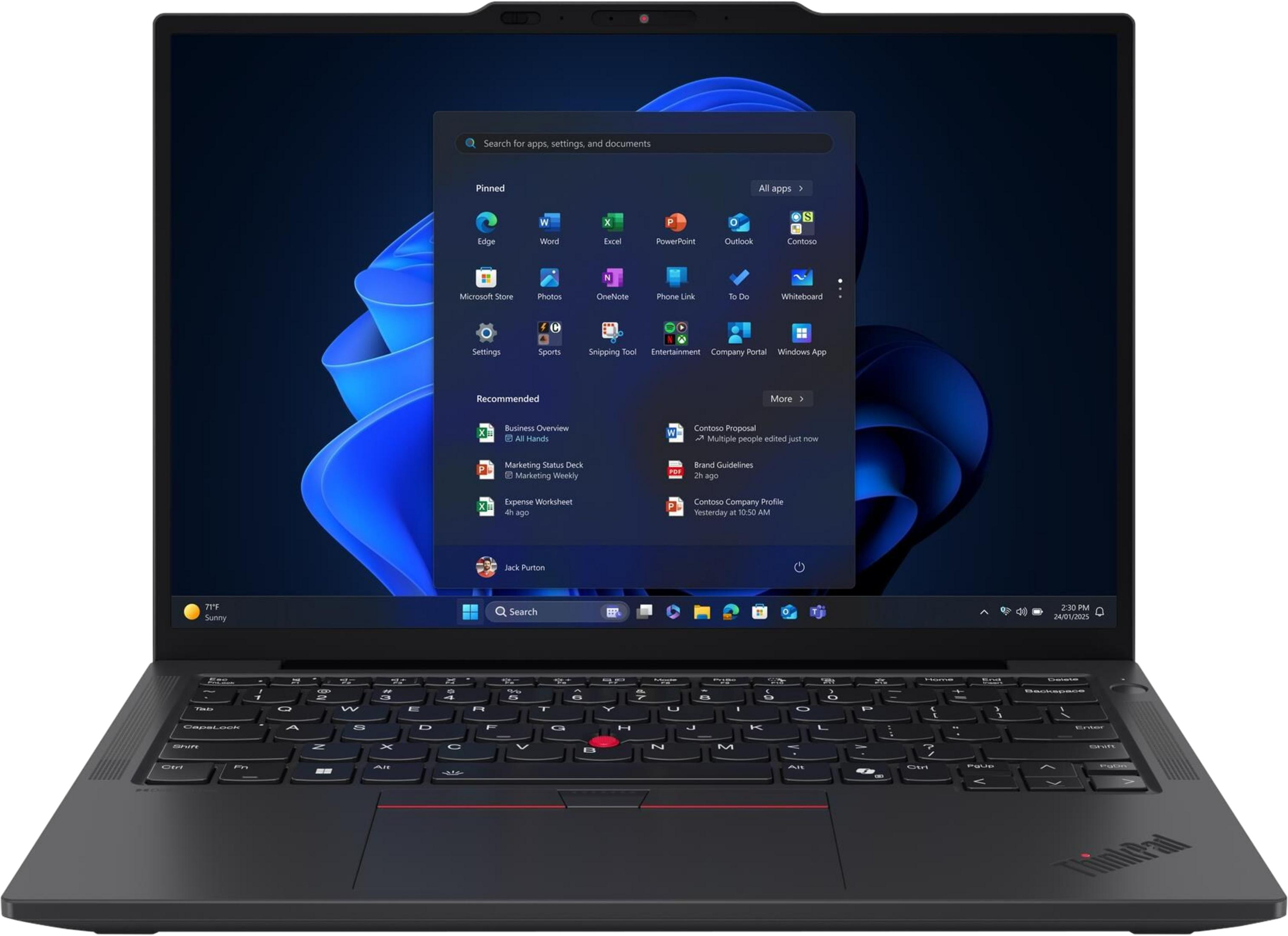 Ein schwarzer Lenovo ThinkPad Laptop zeigt Windows 11 mit einem blauen abstrakten Hintergrund.
