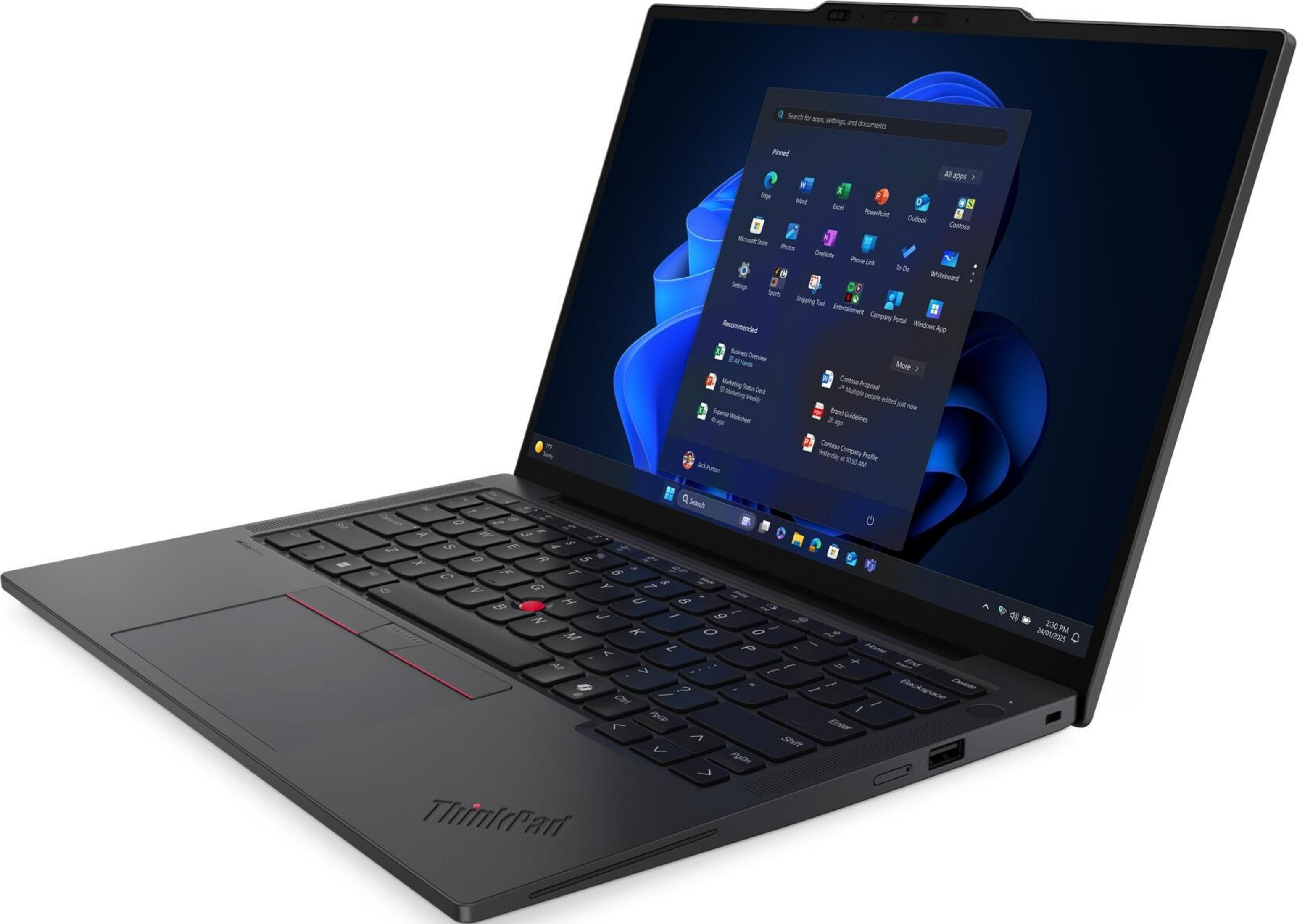 Ein schwarzer Laptop mit geöffnetem Windows 11 Startmenü, das Apps anzeigt.