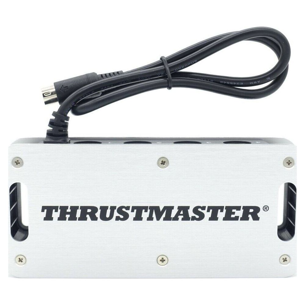 Dispositivo Thrustmaster argentato con cavo nero collegato sopra.