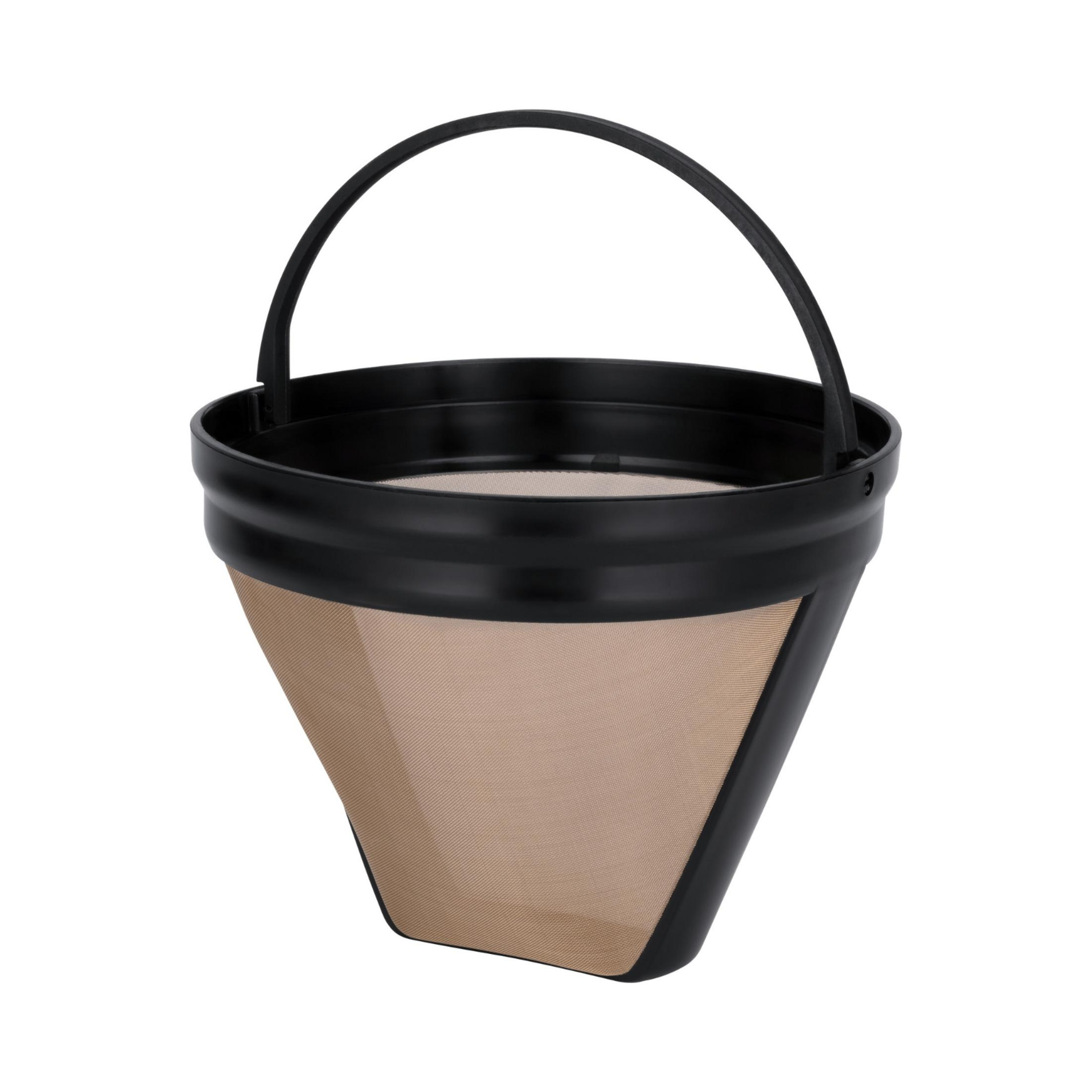 Un filtro de café negro con asa y superficie de malla beige, aislado.