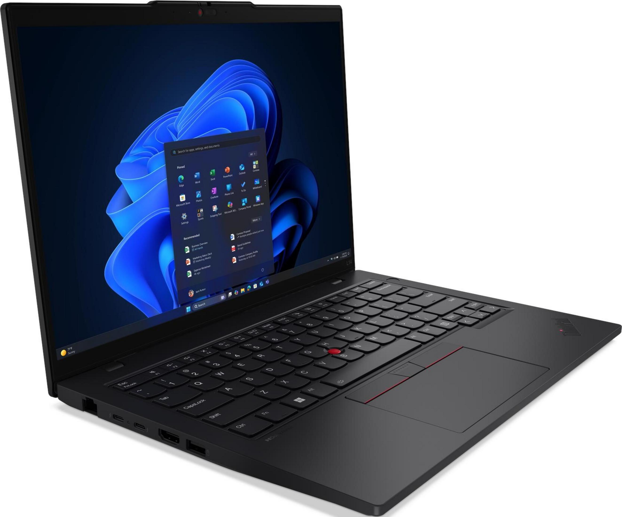 Czarny laptop z podświetlaną klawiaturą i menu startowym Windows 11.