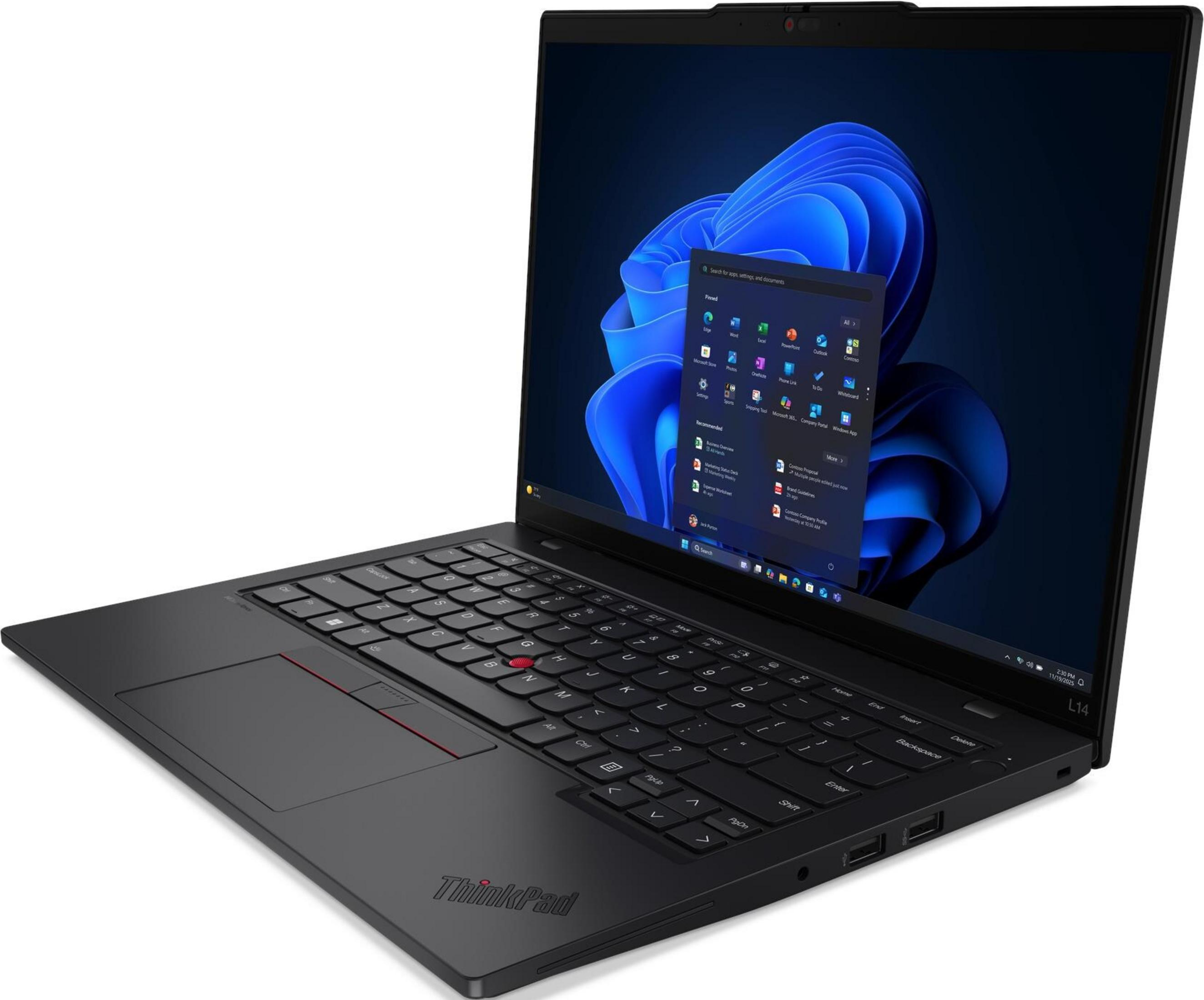 Czarny laptop Lenovo ThinkPad z otwartym ekranem, wyświetlający system Windows 11.