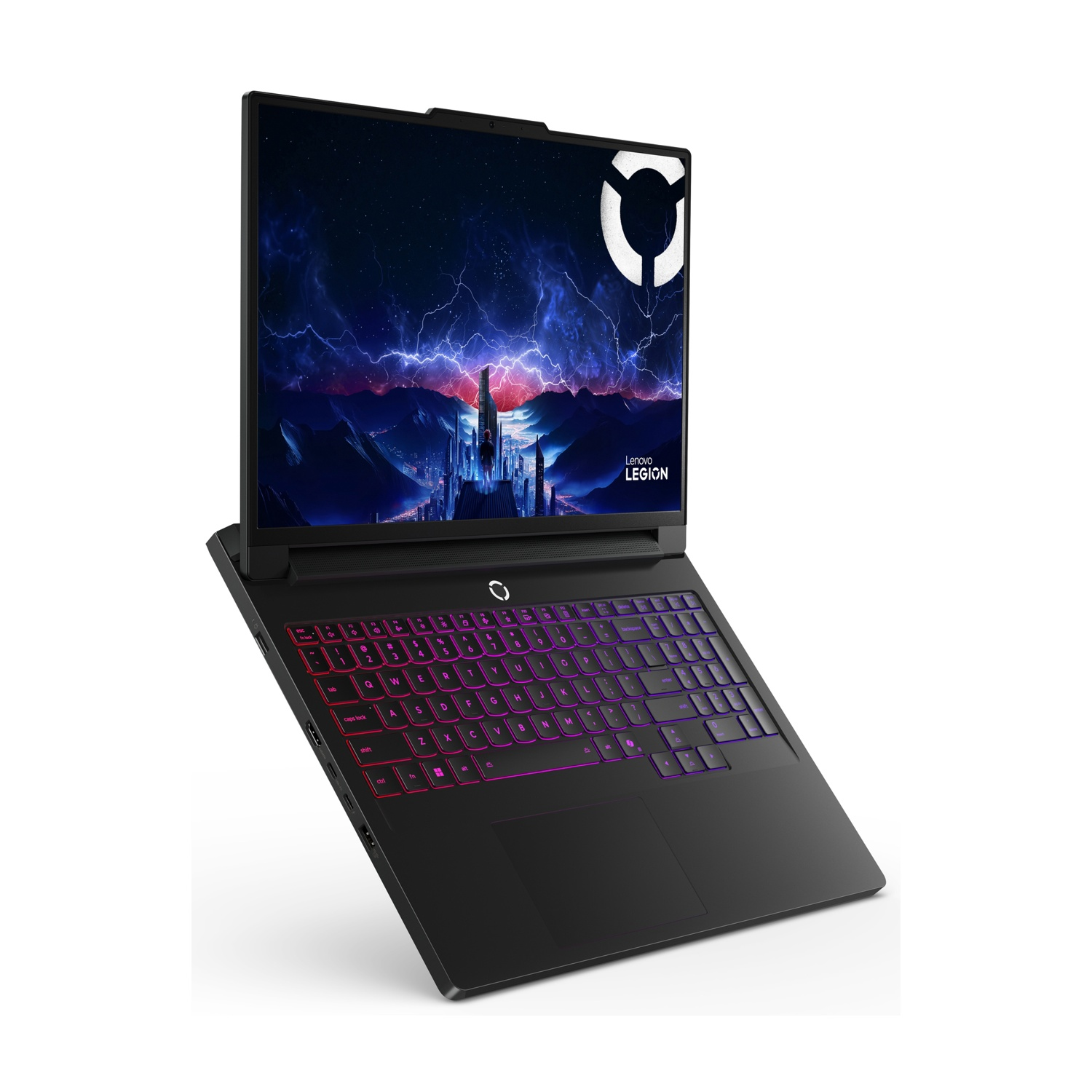 Laptop nero con tastiera illuminata e sfondo per videogiochi.
