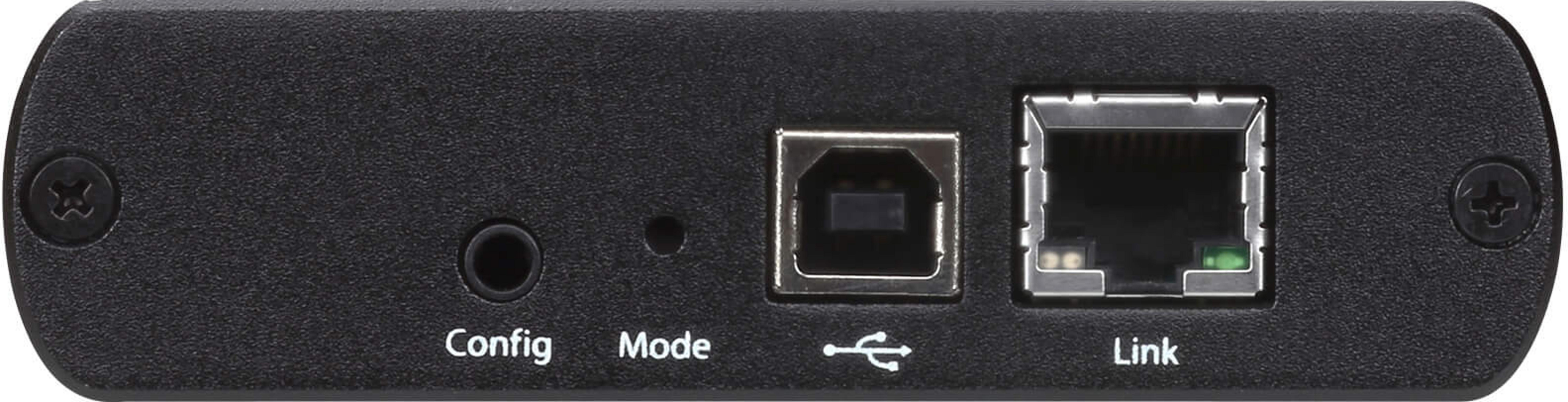 Czarny panel boczny urządzenia z portami USB, audio i Ethernet.