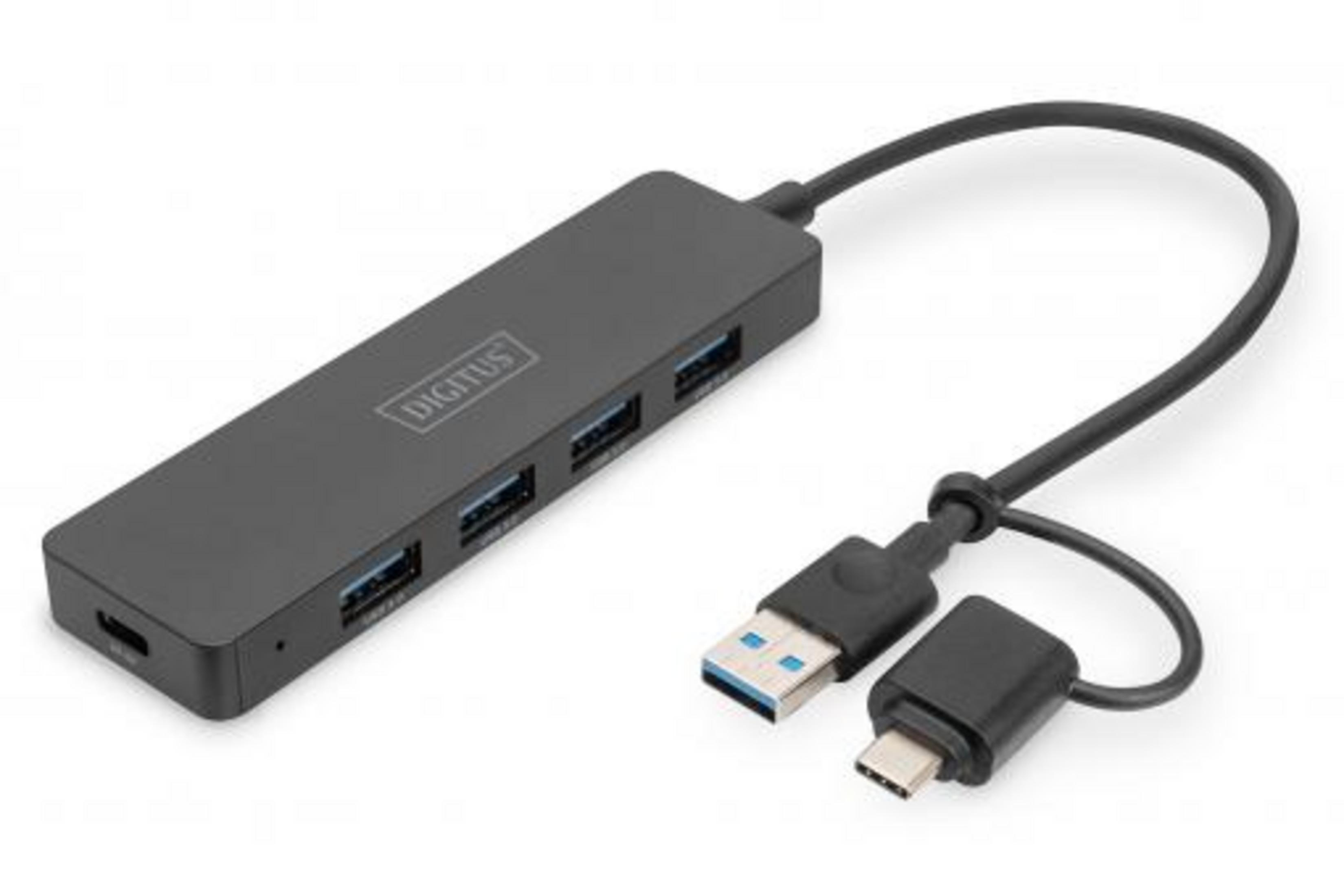 Hub USB-C nero con quattro porte e due cavi.