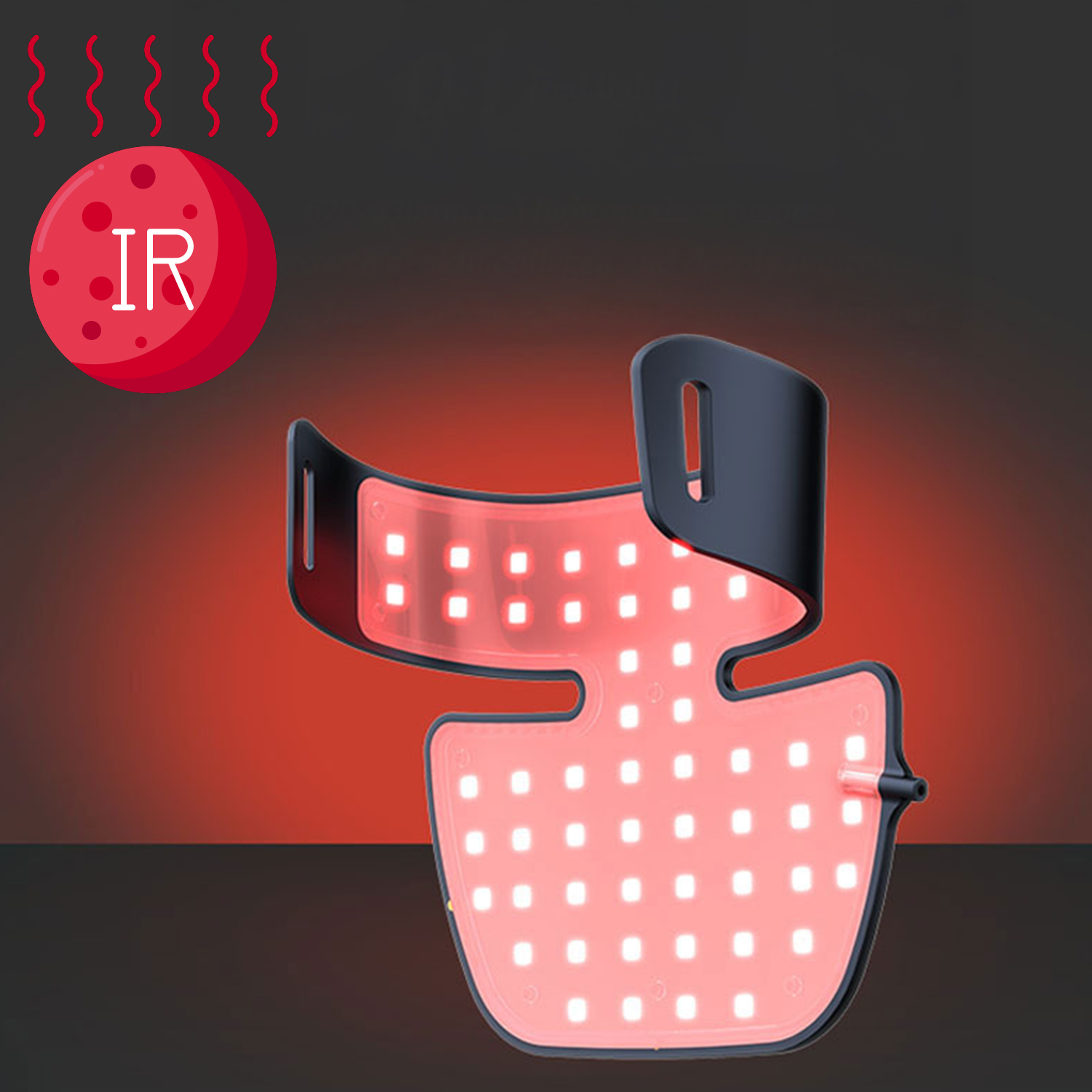 Una maschera LED rossa con simbolo IR e linee di calore ondulate su sfondo scuro.