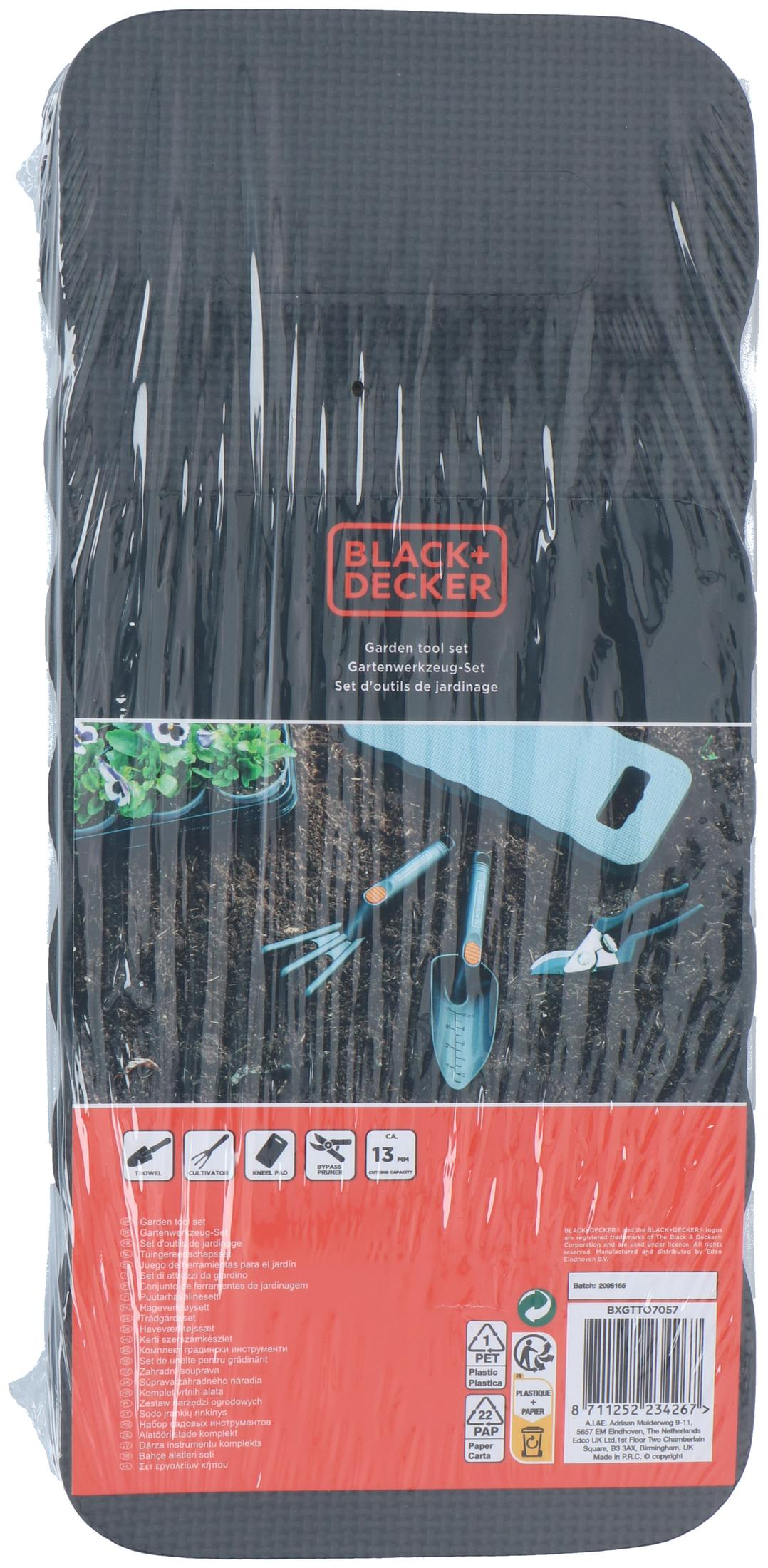 Set d'outils de jardin Black+Decker avec transplantoir, cultivateur, tapis et sécateur.