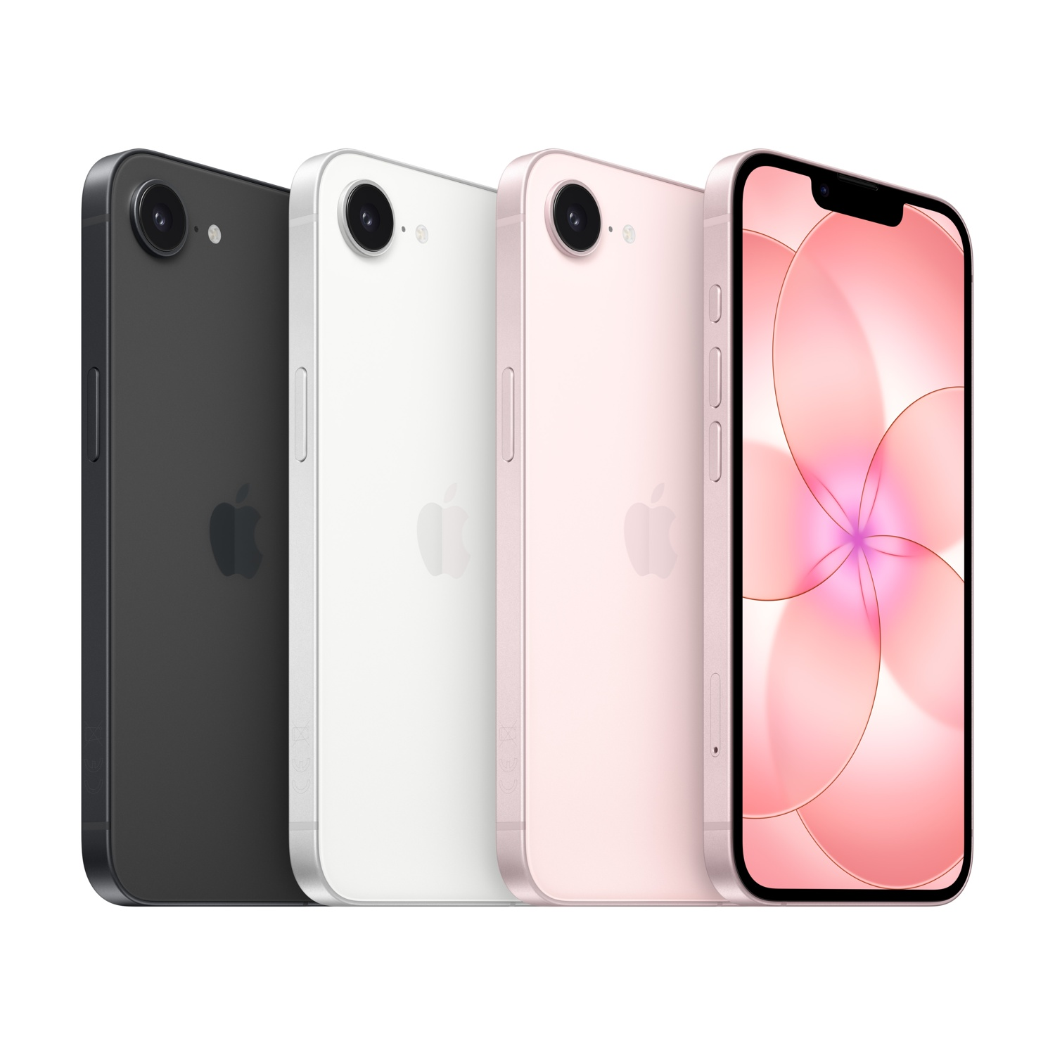 Cztery iPhone'y w kolorze czarnym, białym, różowym i z jasnoróżowym wyświetlaczem, od lewej do prawej.