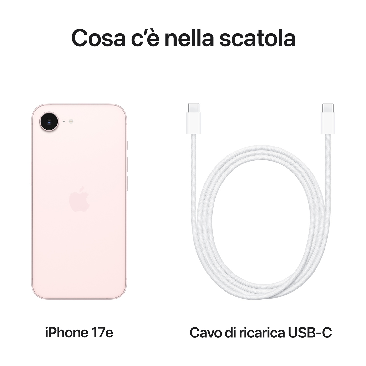 Różowy iPhone 17e i biały kabel ładujący USB-C.