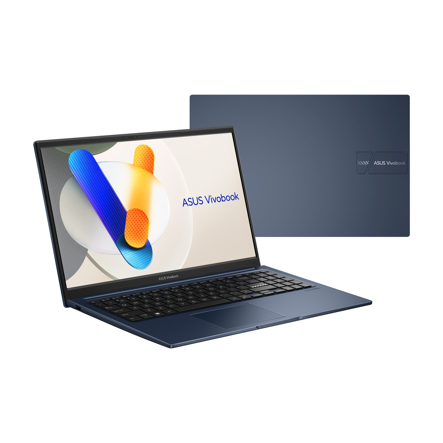 Un laptop ASUS Vivobook blu è mostrato aperto, con uno schermo astratto colorato e tastiera.