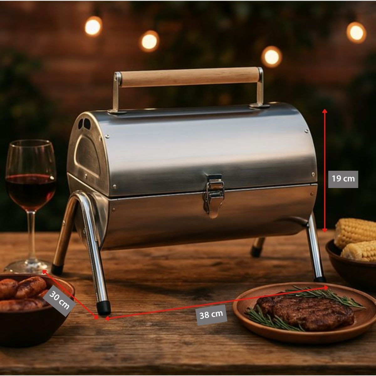 Een zilveren grill met houten handvat staat op een houten tafel, naast een glas wijn en gegrild vlees.