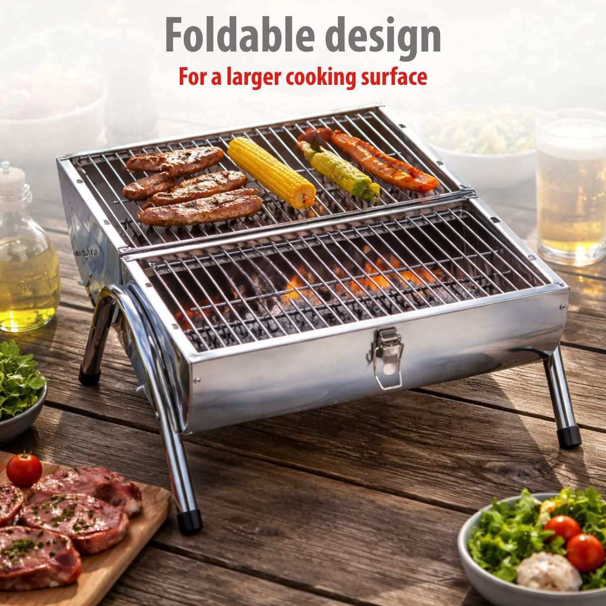 Een roestvrijstalen grill met etenswaren erop, op een houten tafel.