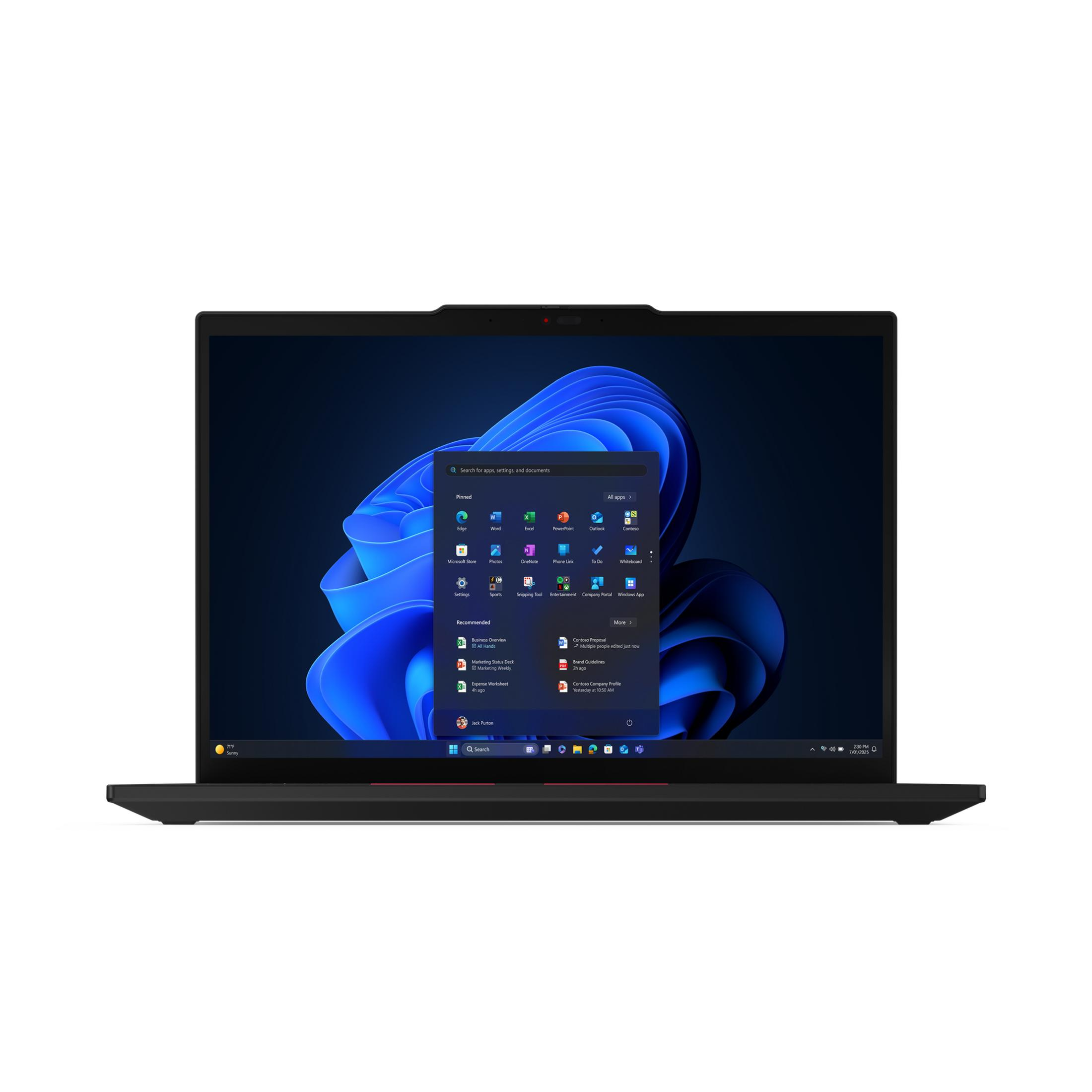 Czarny laptop z menu Start systemu Windows 11. Niebieska abstrakcyjna grafika tła.