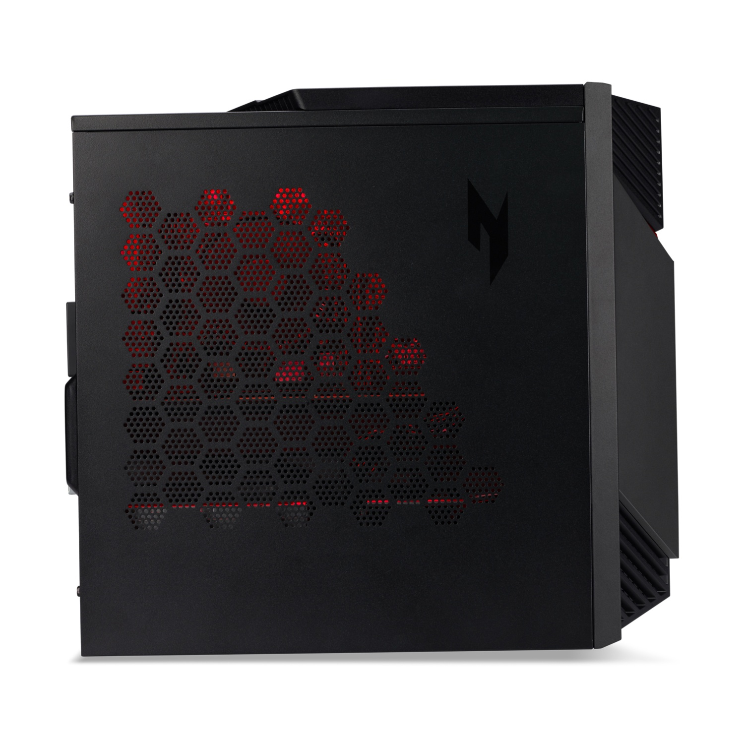 Case del computer nero con luce rossa attraverso un motivo a nido d'ape.