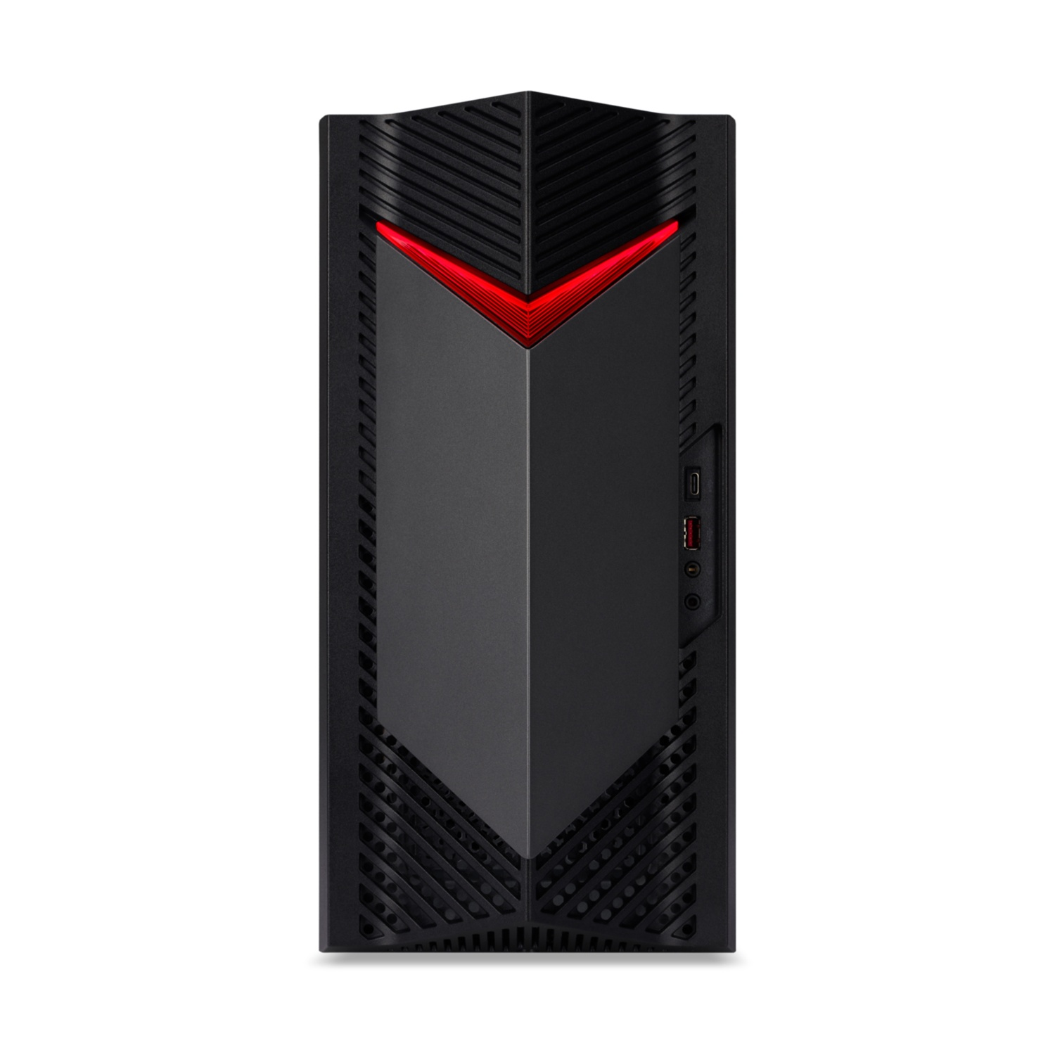 PC da gaming nero con accenti rossi sul frontale.