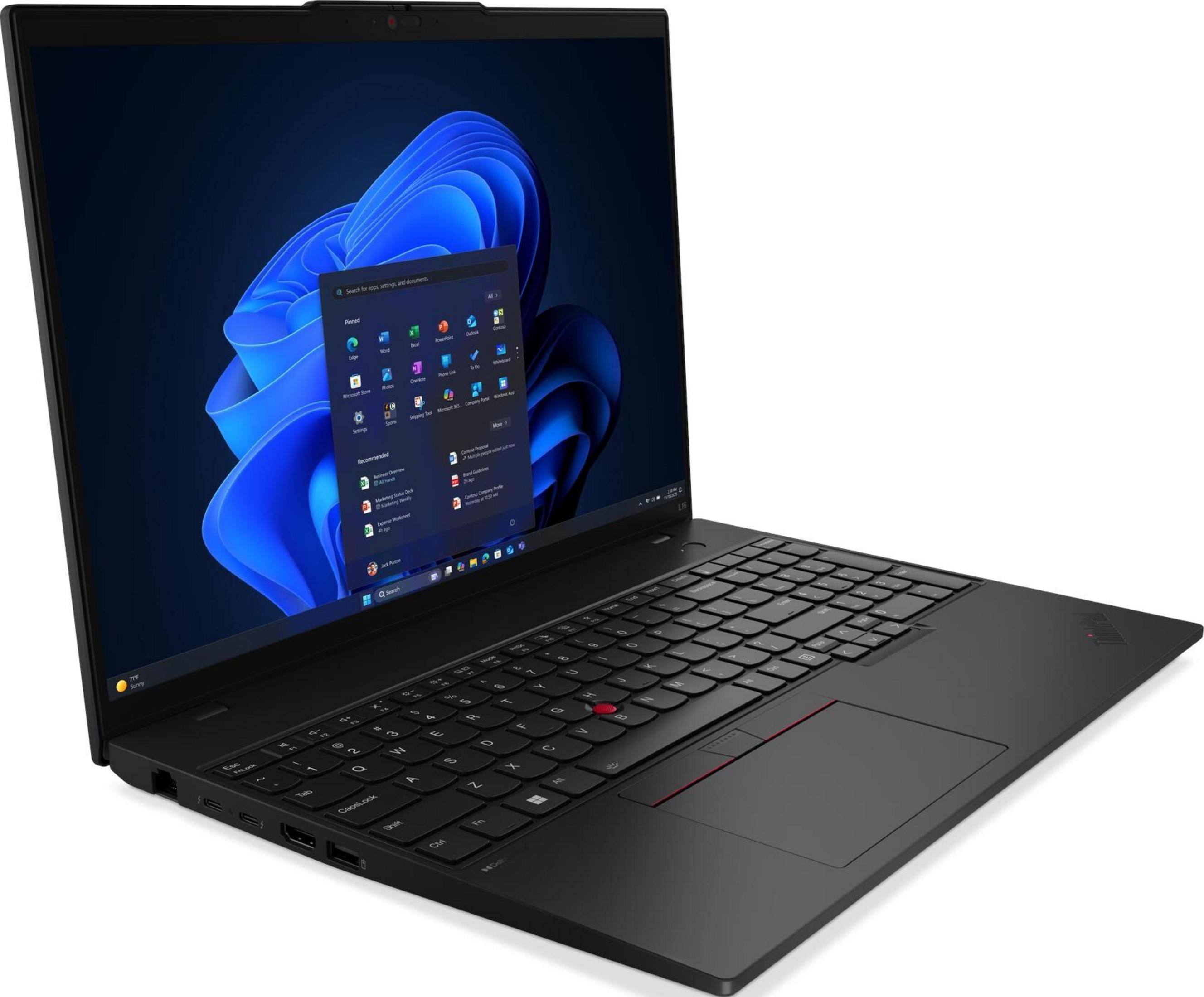 Ein schwarzer Lenovo ThinkPad Laptop mit blauem abstrakten Hintergrund ist geöffnet.
