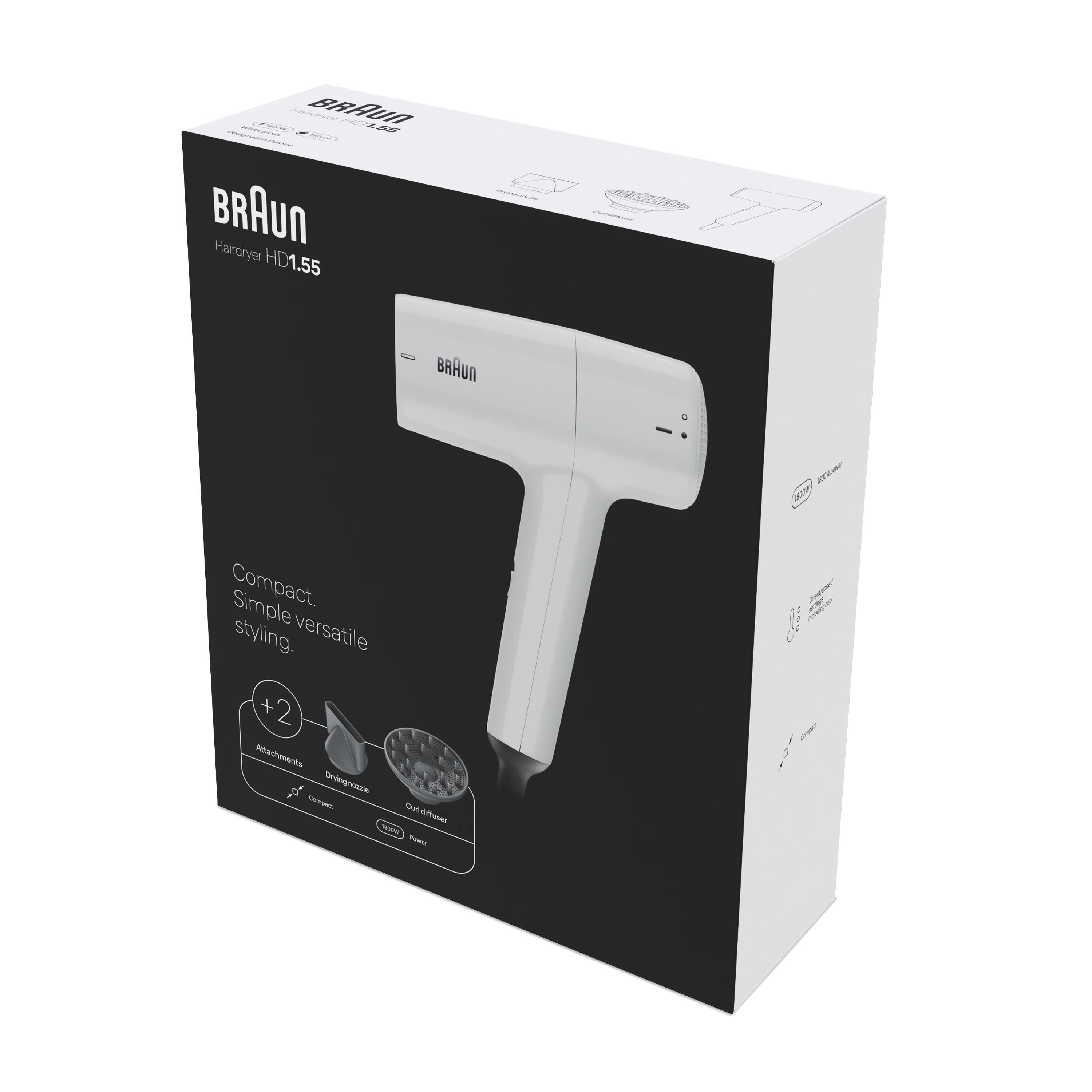 Confezione di un asciugacapelli Braun HD1.55 bianco con accessori.