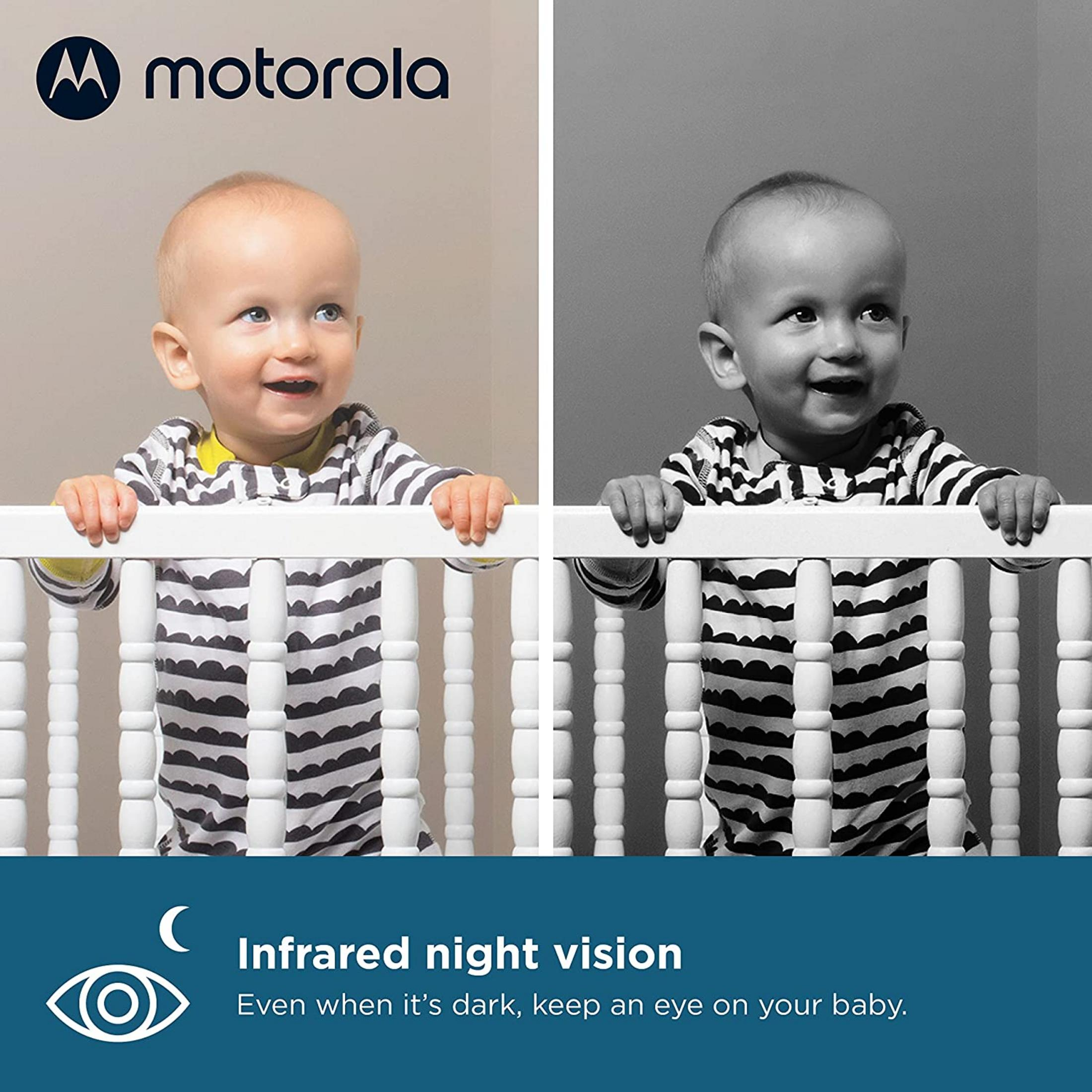 A baby in a crib, with and without night vision. Motorola logo.