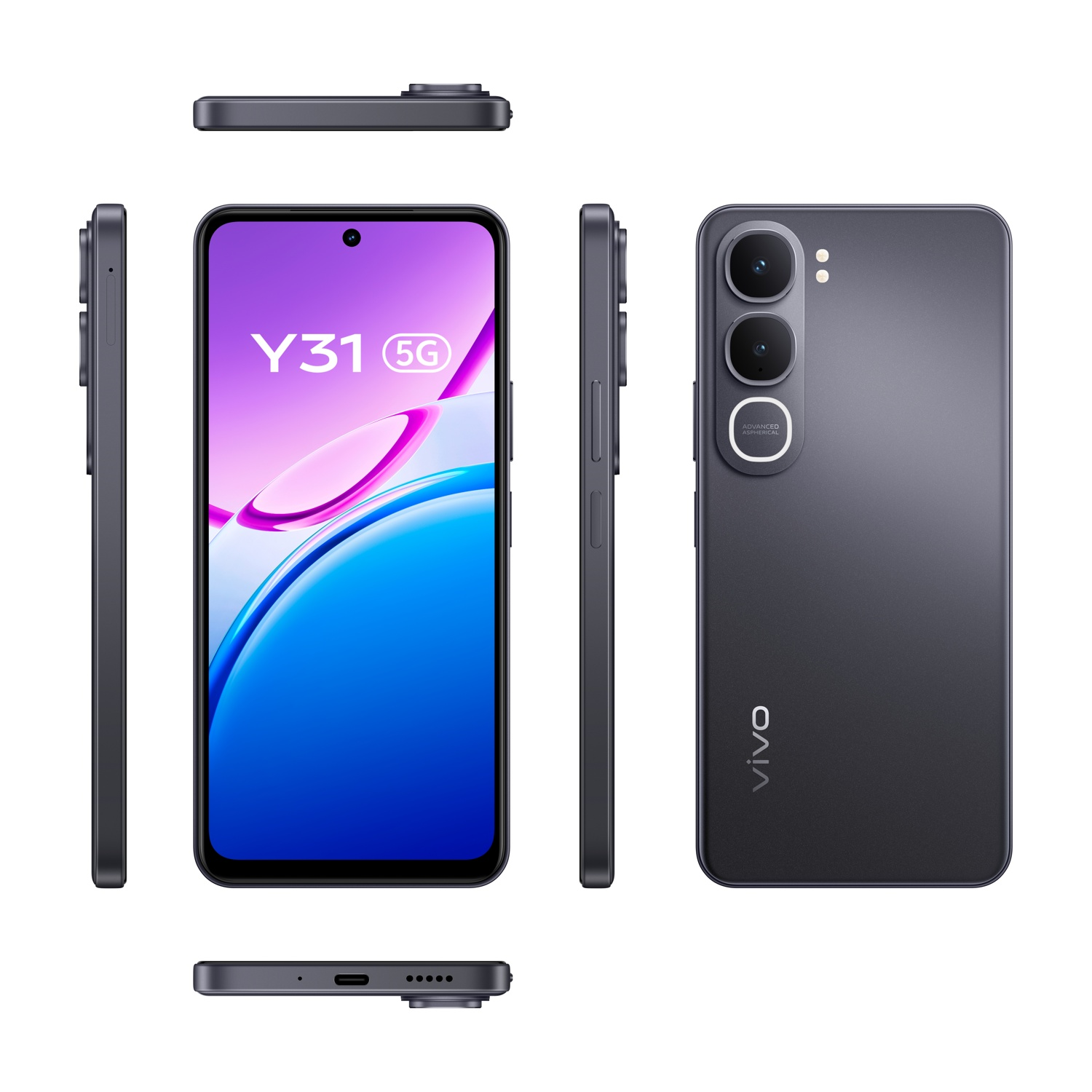 Wiele widoków ciemnoszarego smartfona Vivo Y31 5G, pokazujących przód, tył, górę, dół i bok.