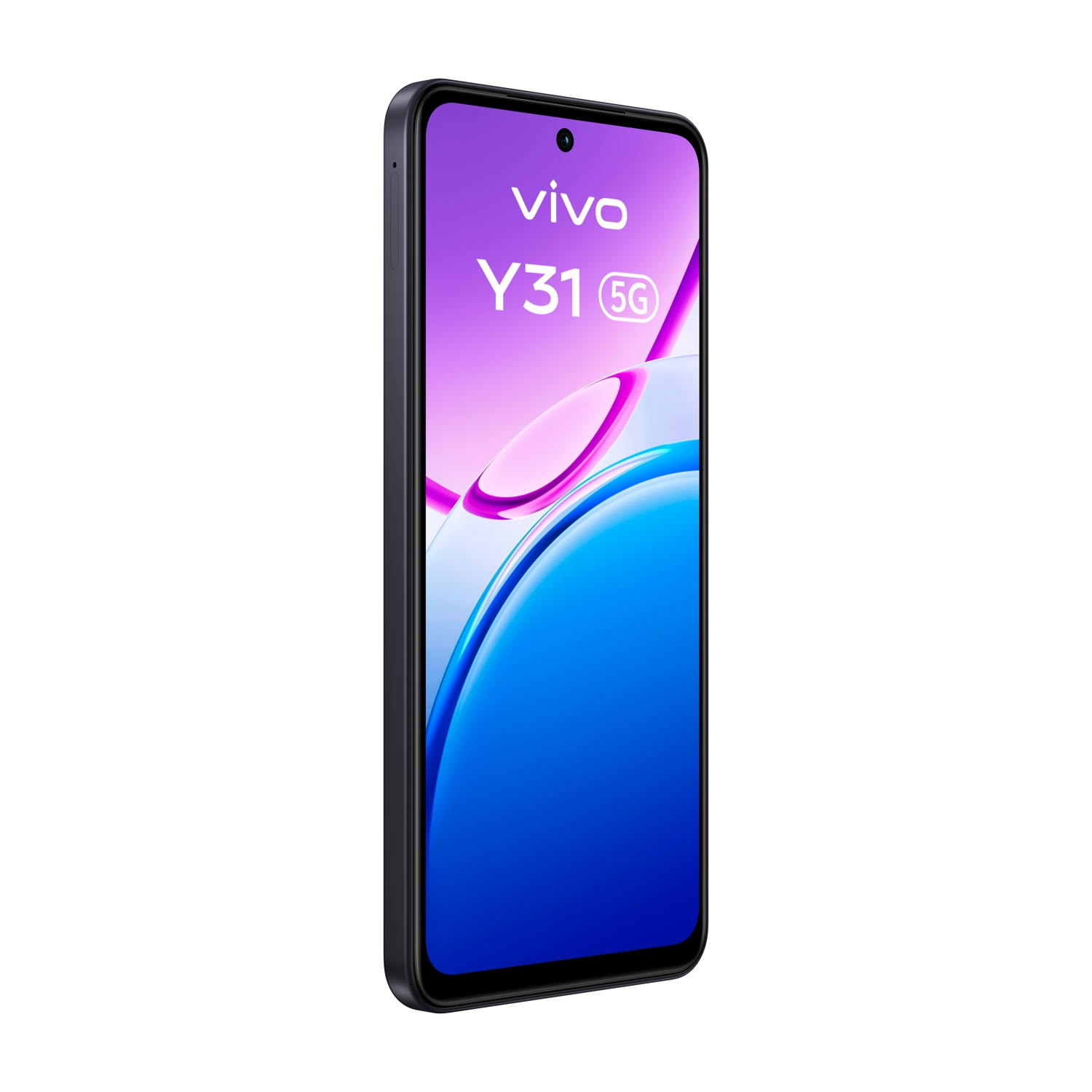 Ciemnoszary smartfon Vivo Y31 5G z ekranem w kolorze fioletowo-niebieskim.