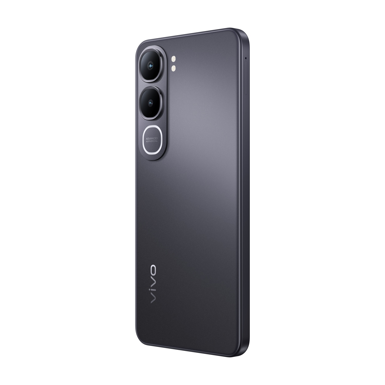 Ciemnoszary smartfon z trzema aparatami i logo Vivo jest pokazany.