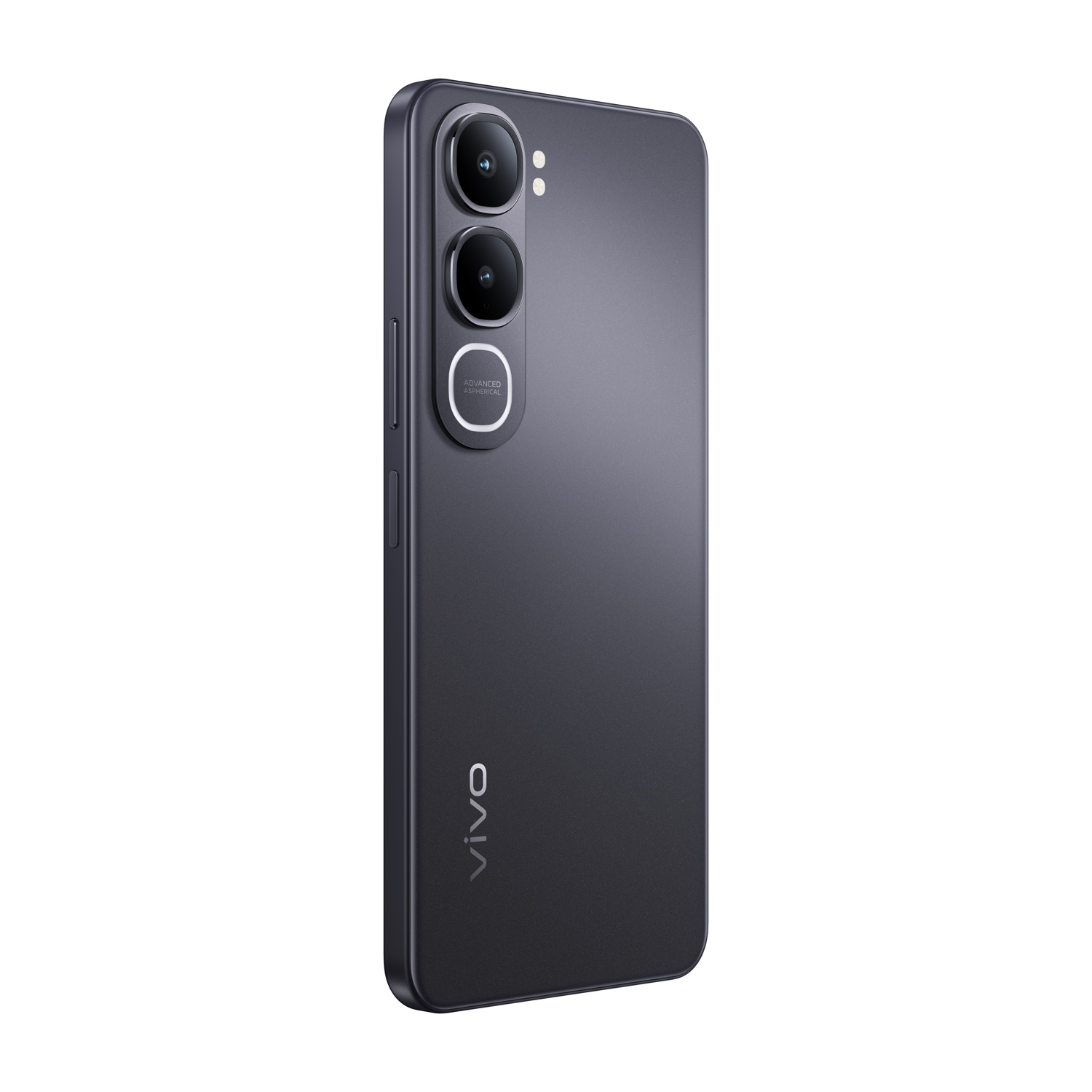 Ciemnoszary smartfon z trzema aparatami i srebrnym pierścieniem z tyłu.