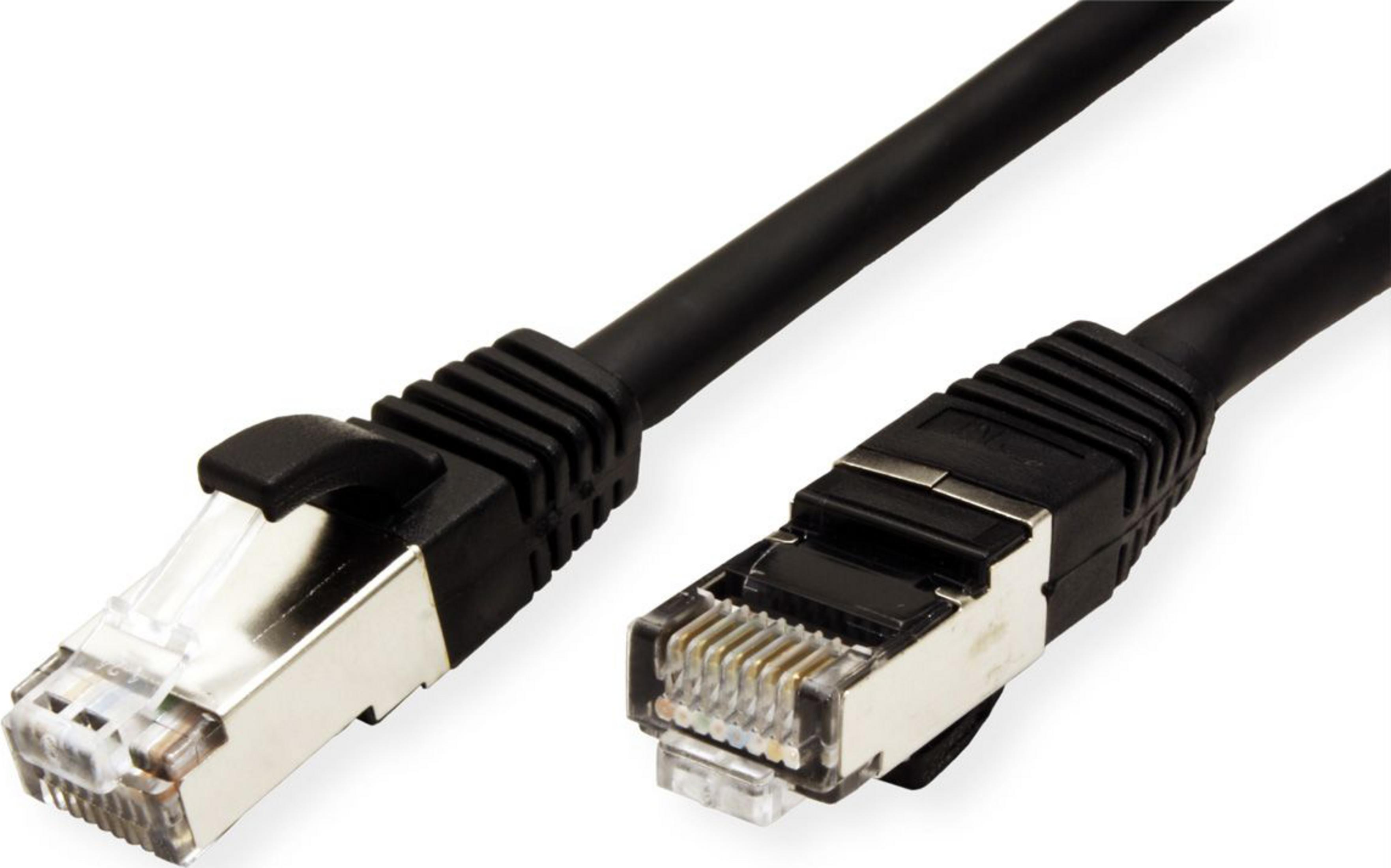 Twee zwarte ethernetkabels met doorzichtige en zilveren connectoren op witte achtergrond.