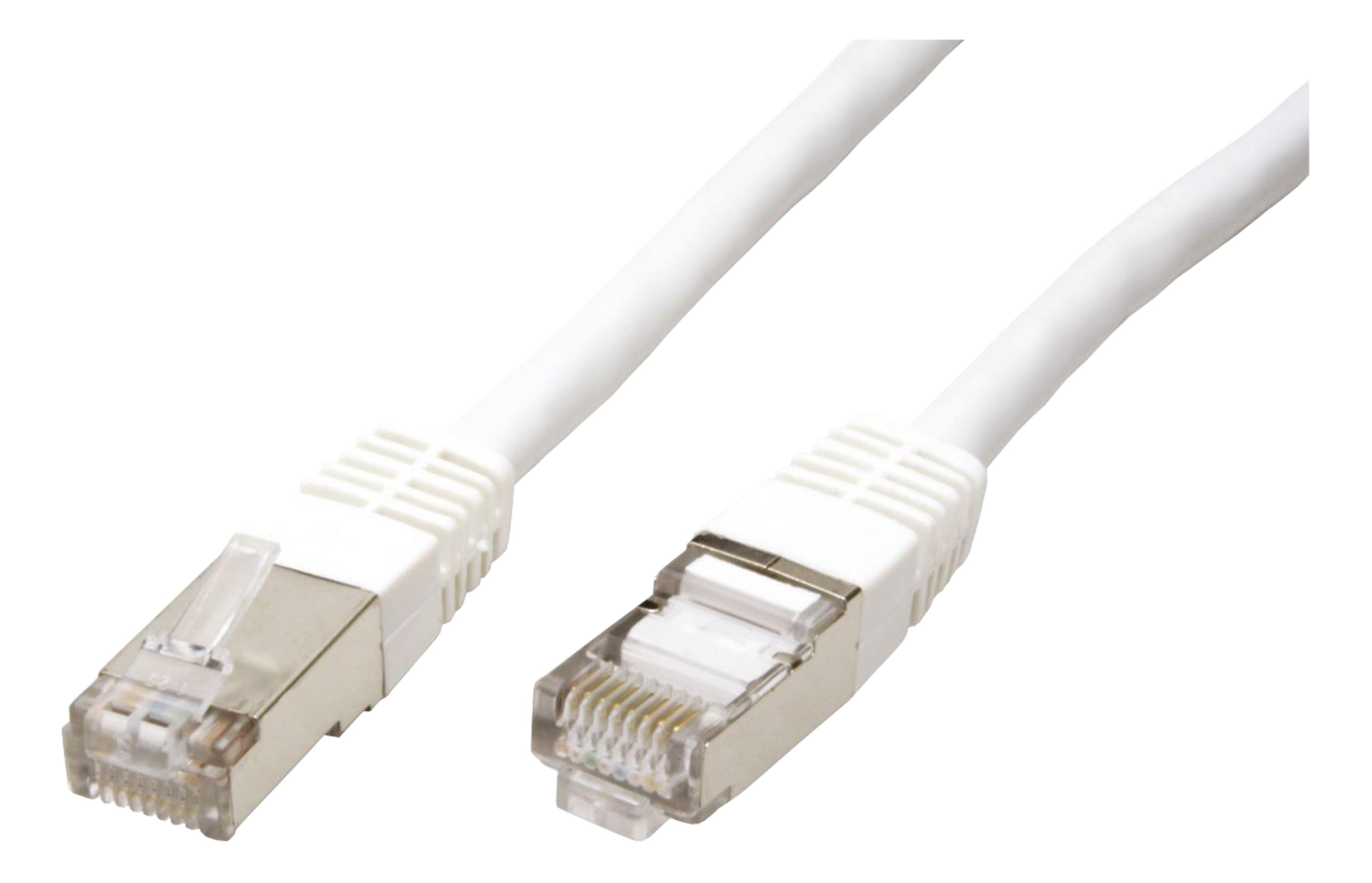 Deux câbles Ethernet blancs avec connecteurs RJ45 transparents et blindage métallique argenté.