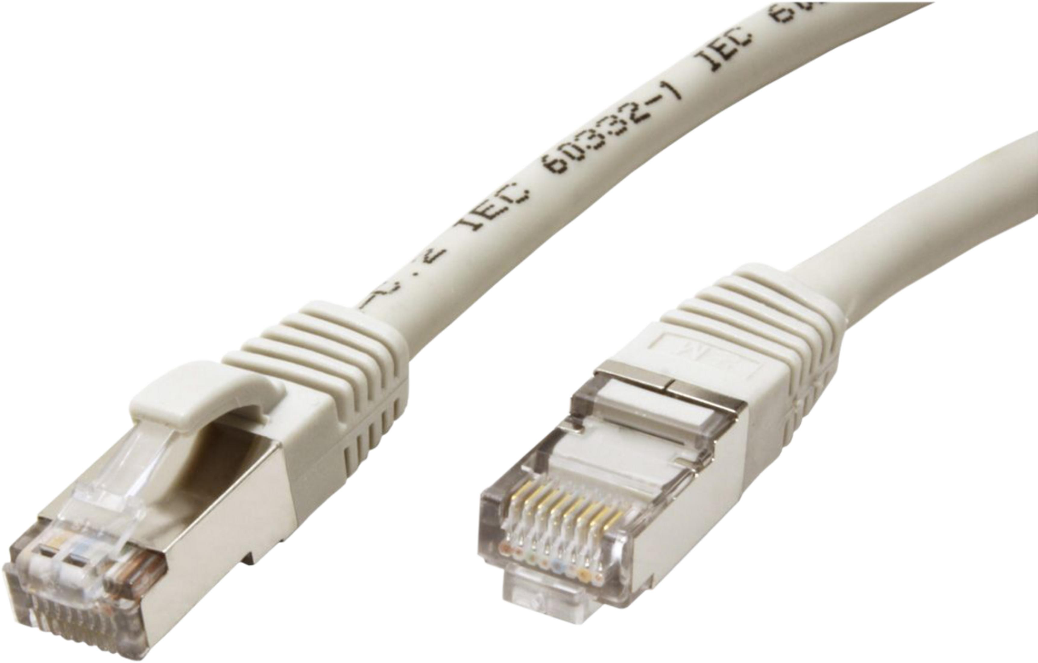 Close-up van een lichtgrijze netwerkkabel met RJ45-connectoren op een witte achtergrond.