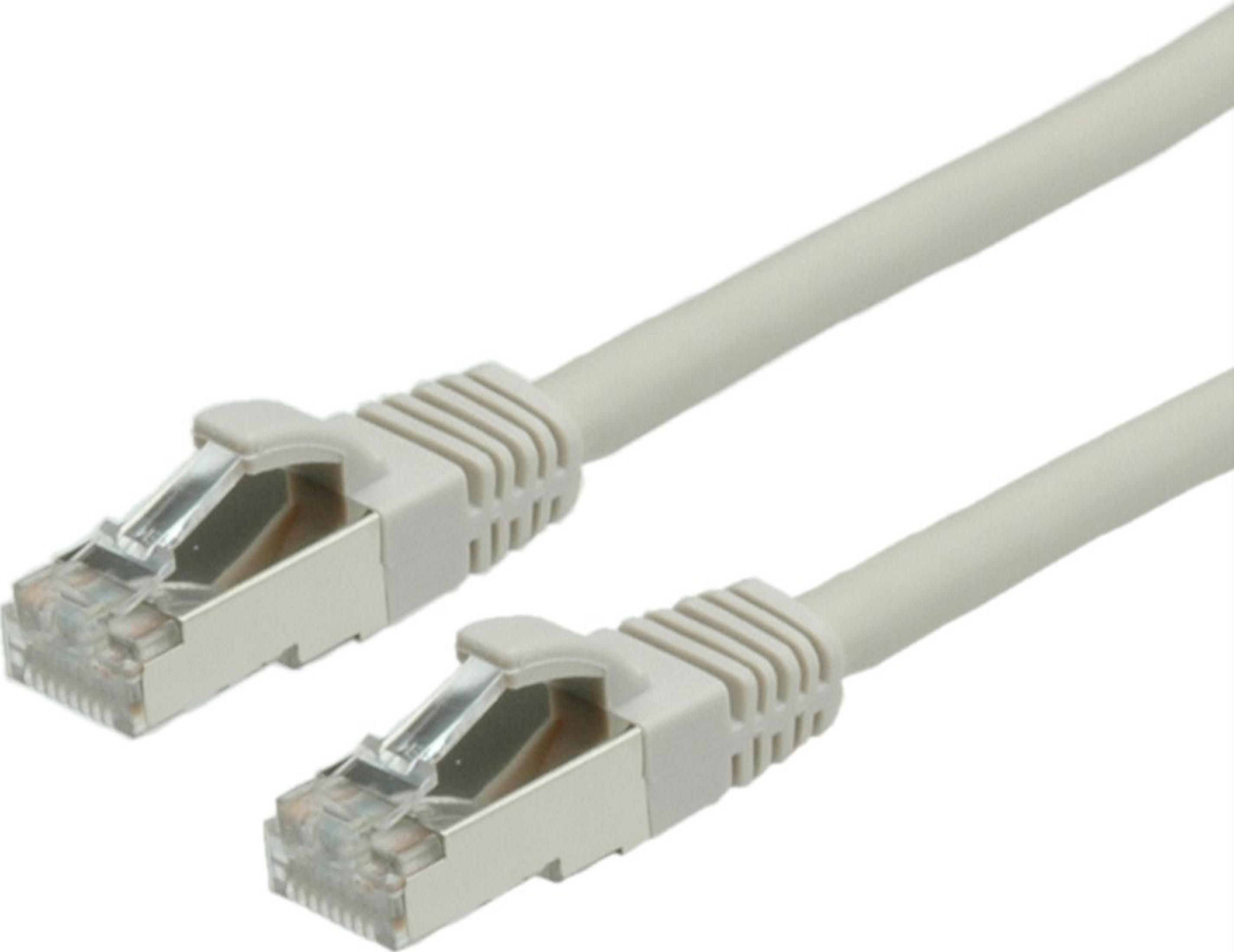 Twee grijze netwerkkabels met transparante connectoren op witte achtergrond.