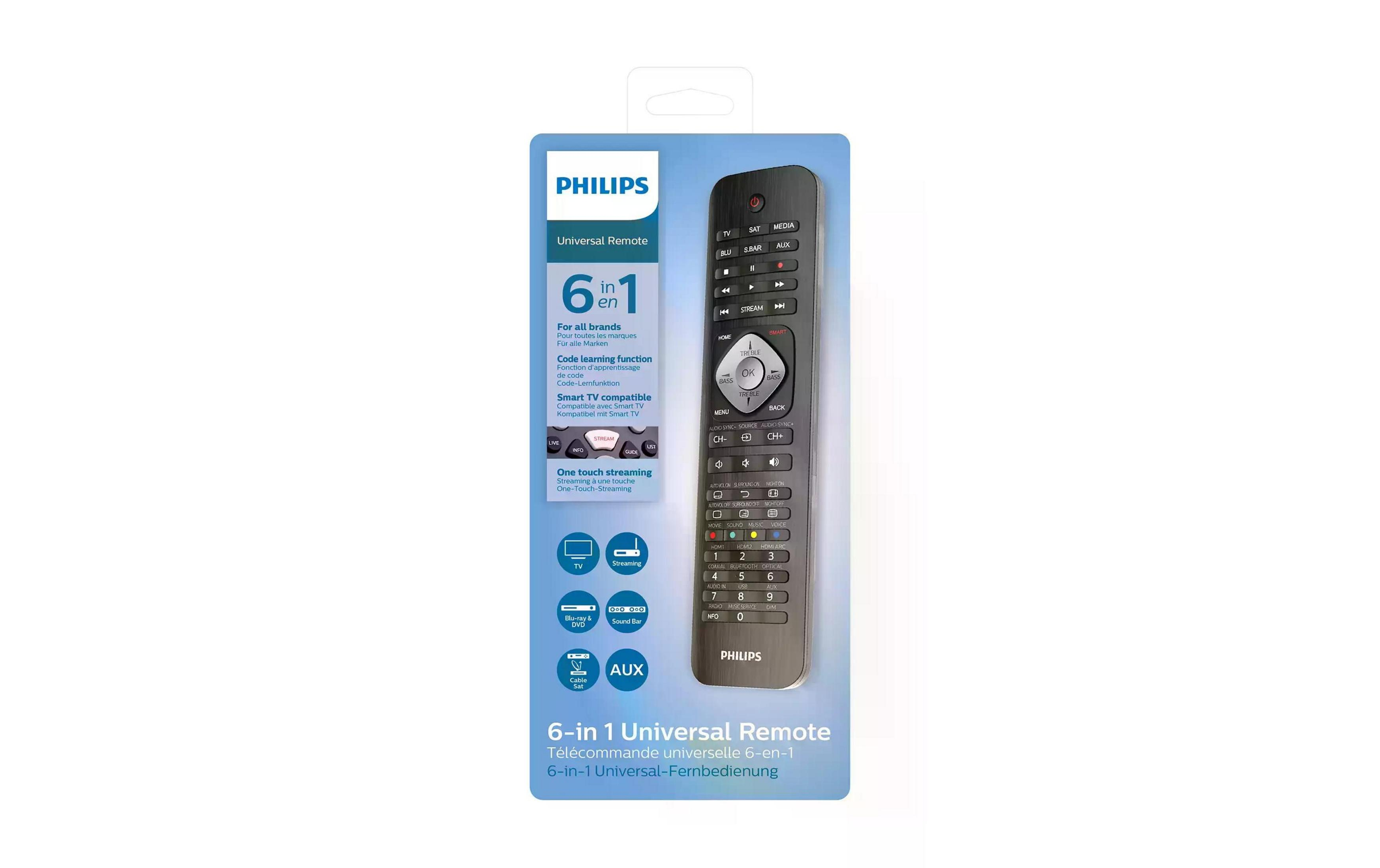 Uniwersalny pilot Philips 6 w 1 z przyciskami do TV, Streamingu, Blu-ray/DVD, Soundbar, Kabla/Satu.