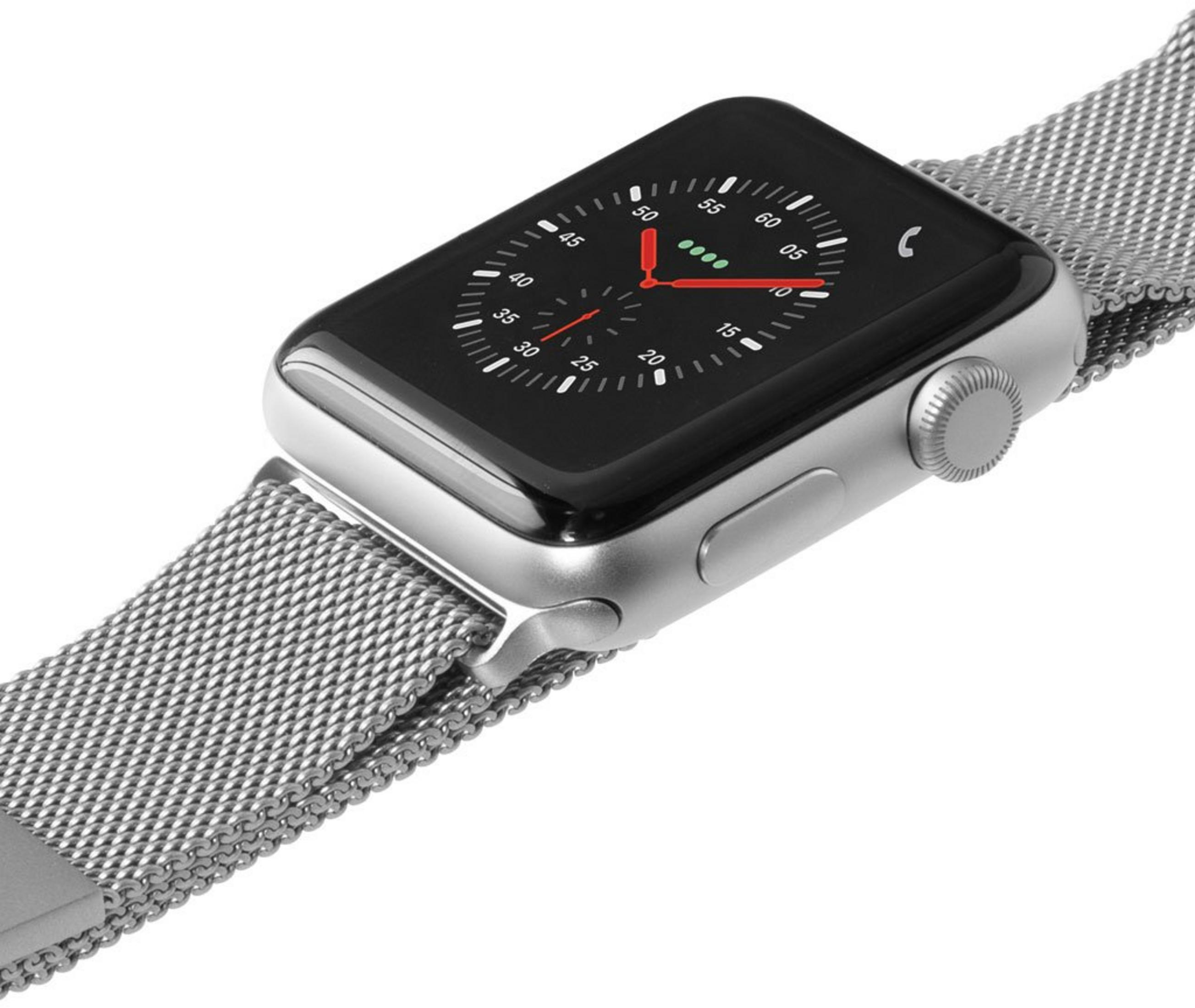 Srebrny smartwatch z bransoletą mediolańską i czarną tarczą pokazującą czas.