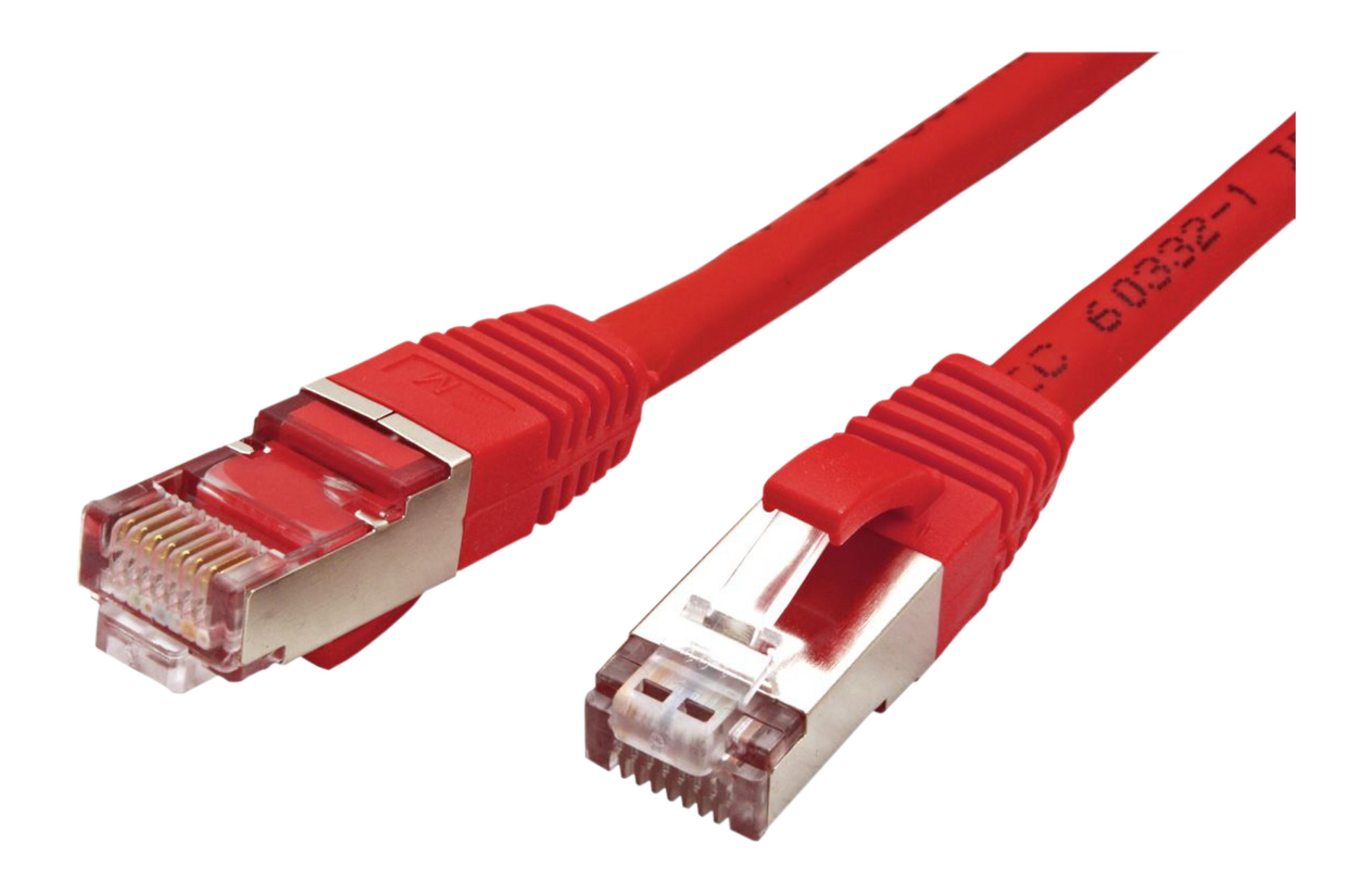 Due cavi Ethernet rossi con connettori trasparenti e alloggiamento metallico.