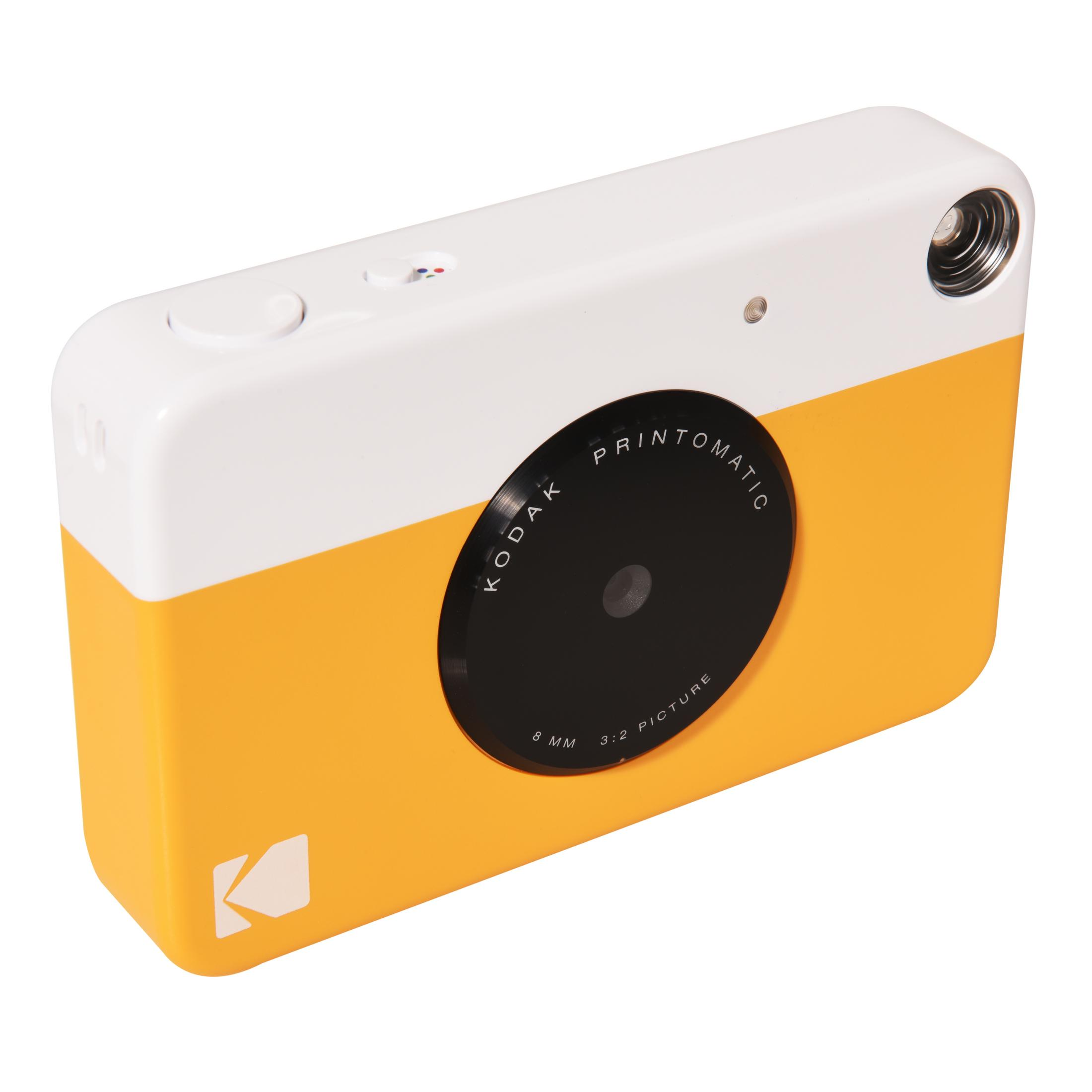 Biały i pomarańczowy aparat natychmiastowy Kodak Printomatic z czarnym obiektywem.