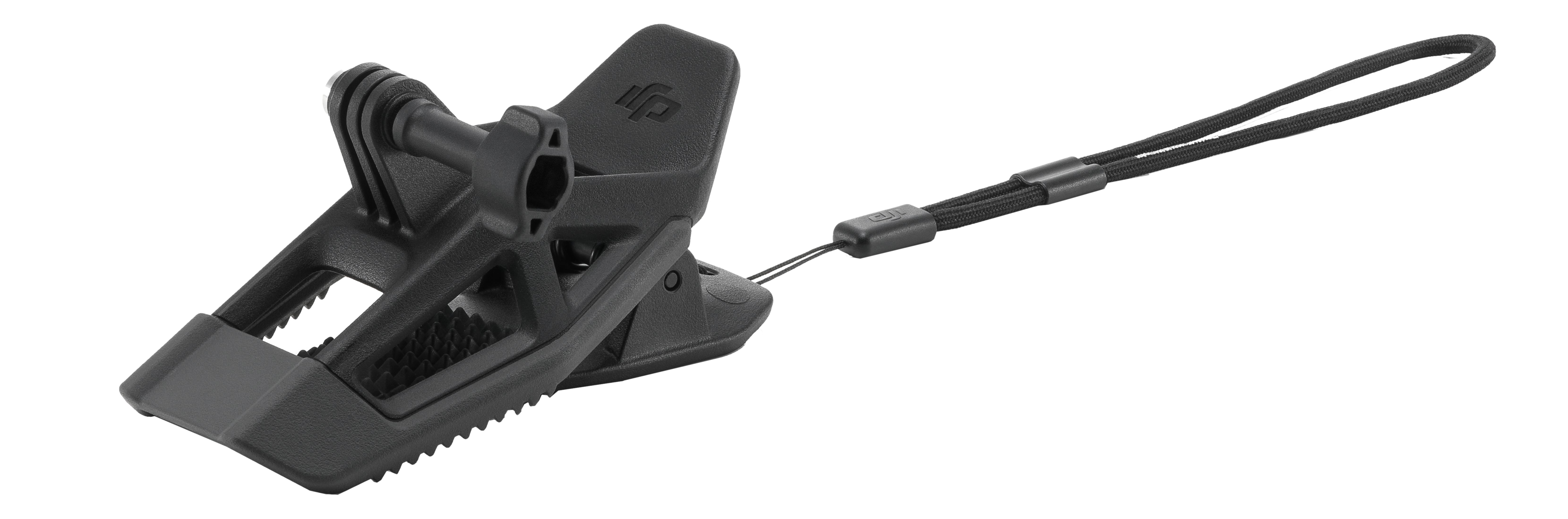 Schwarzer Clip mit Riemen und DJI-Logo.