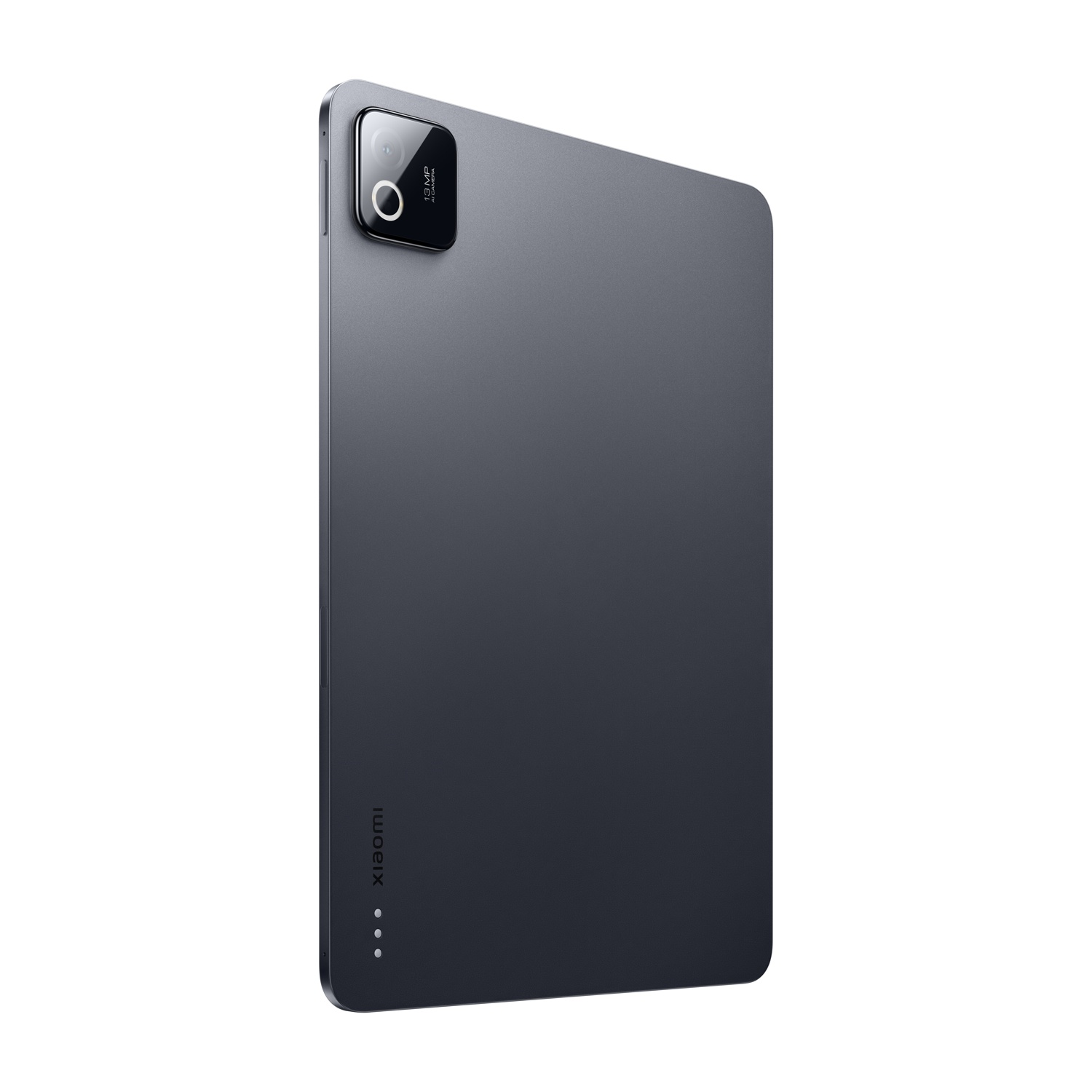 Rückseite eines grauen Tablets mit einer 13-MP-Kamera und dem Xiaomi-Logo.