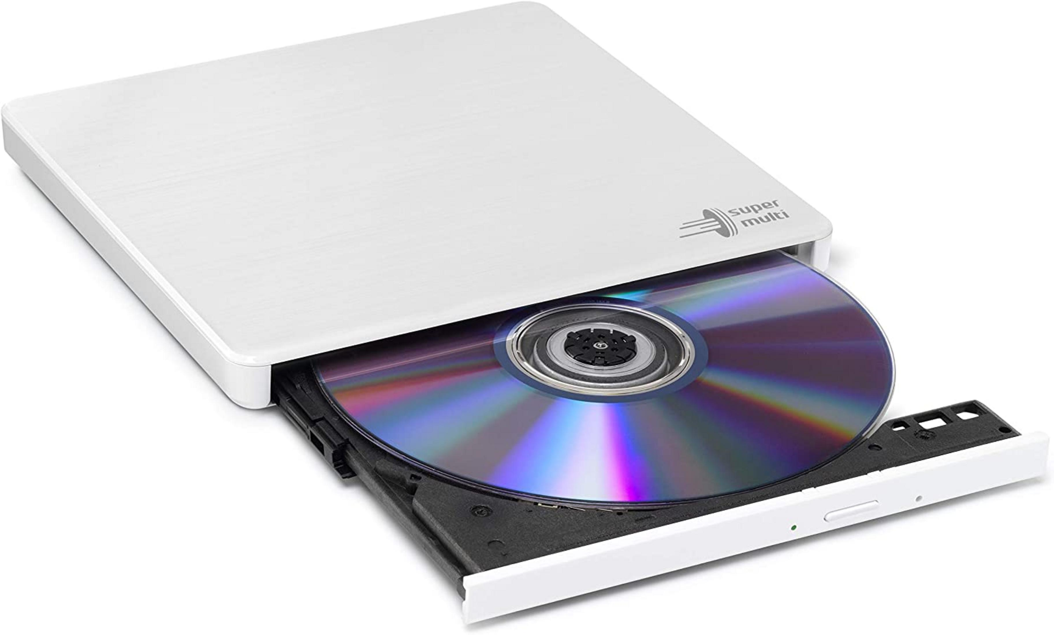 Una unidad externa de CD/DVD blanca con un disco insertado, sobre un fondo blanco.