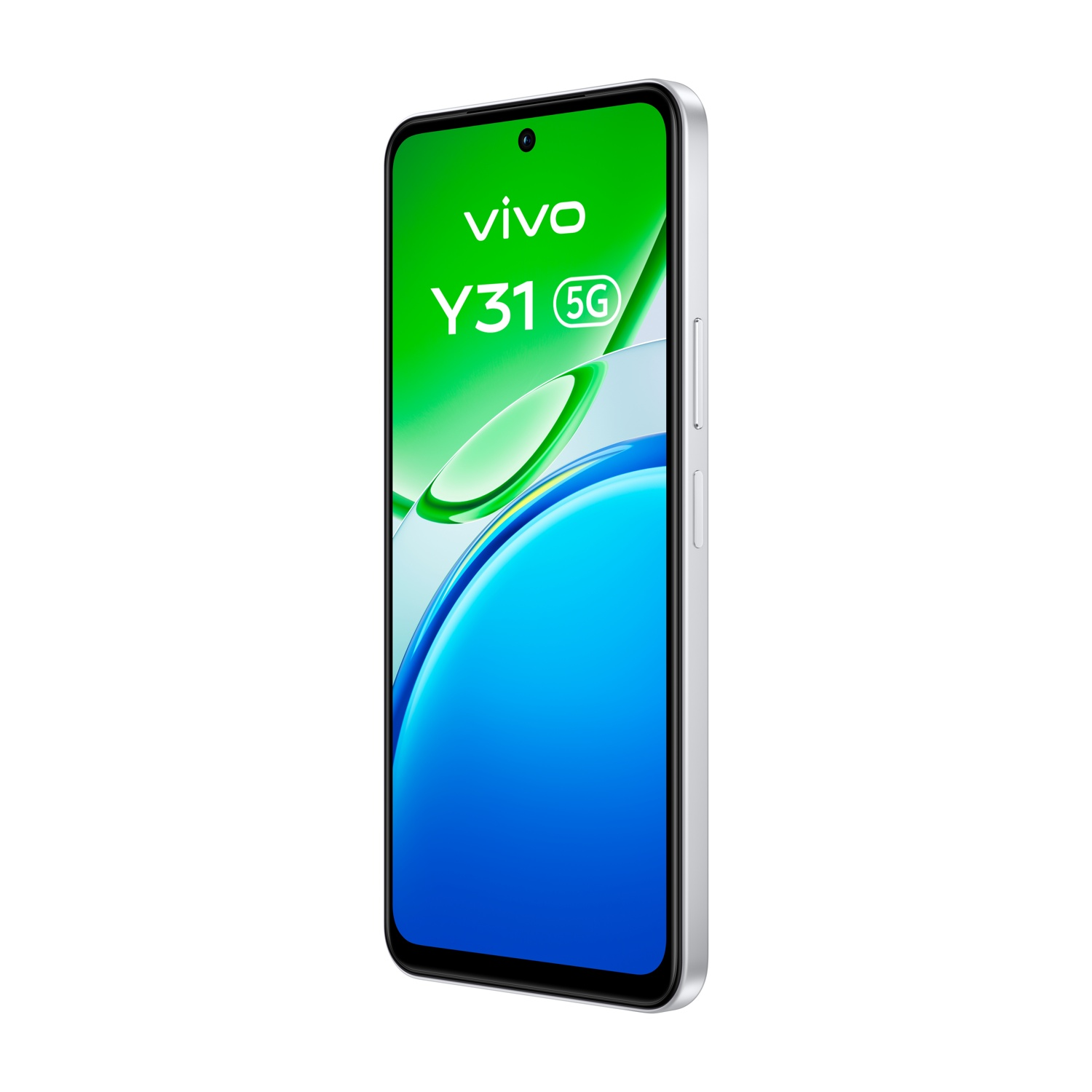 Srebrny smartfon Vivo Y31 5G z niebiesko-zielonym tłem.
