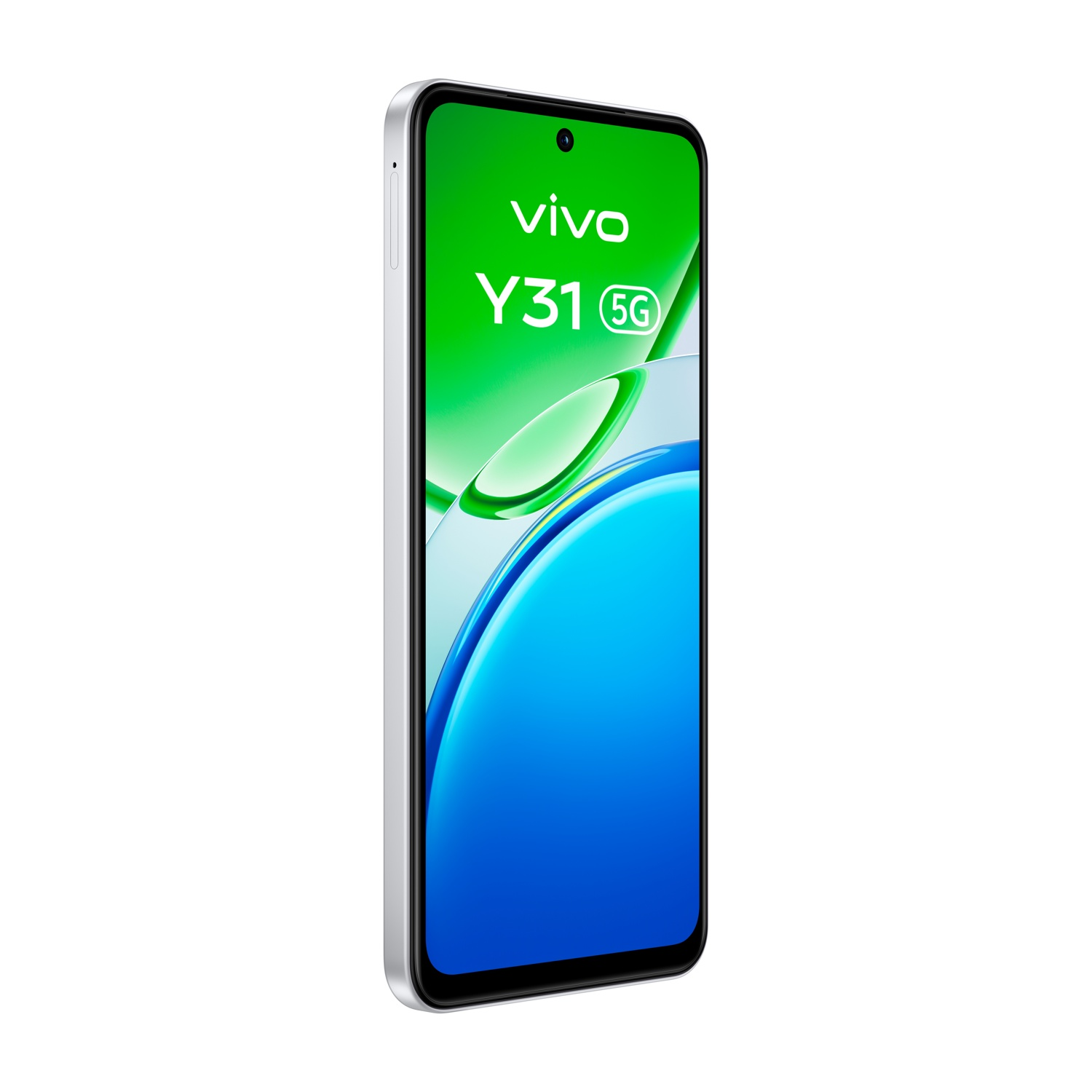 Srebrny smartfon Vivo Y31 5G z zielono-niebieskim tłem.
