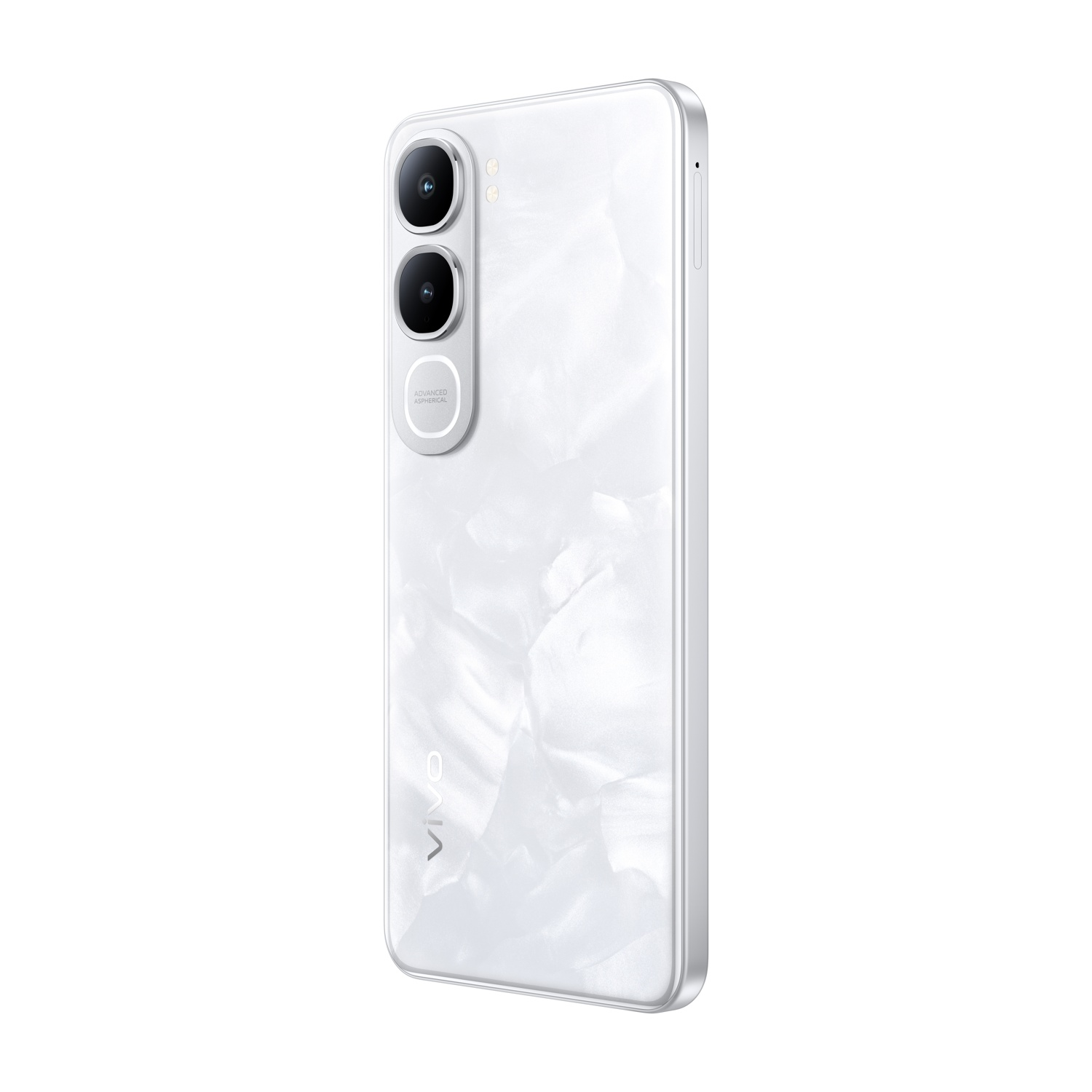 Biały smartfon z perłowym tyłem i trzema aparatami.