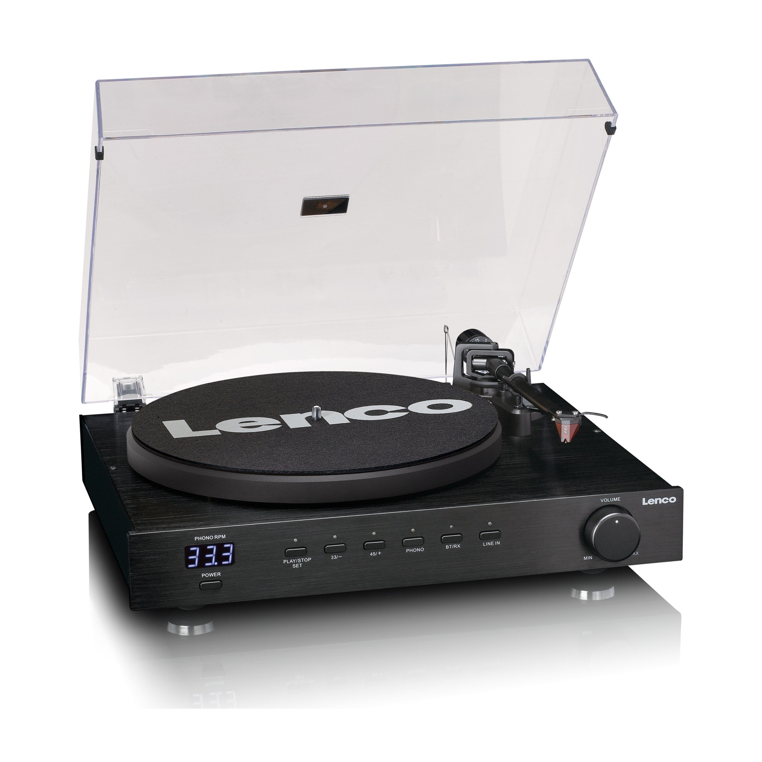 Czarny gramofon Lenco z przezroczystą pokrywą, płytą winylową i przyciskami.