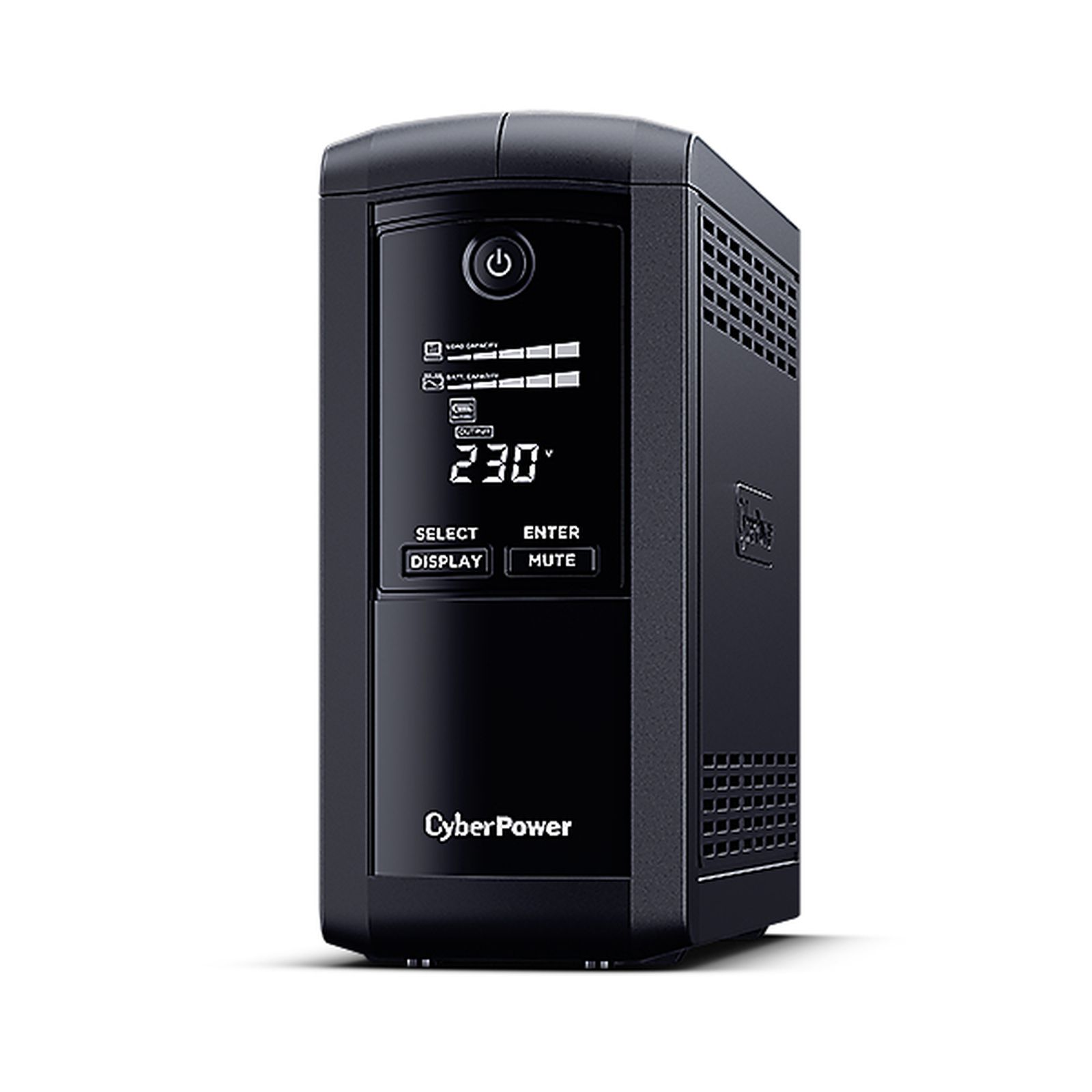 Un'unità UPS CyberPower nera con display digitale e pulsanti di controllo.