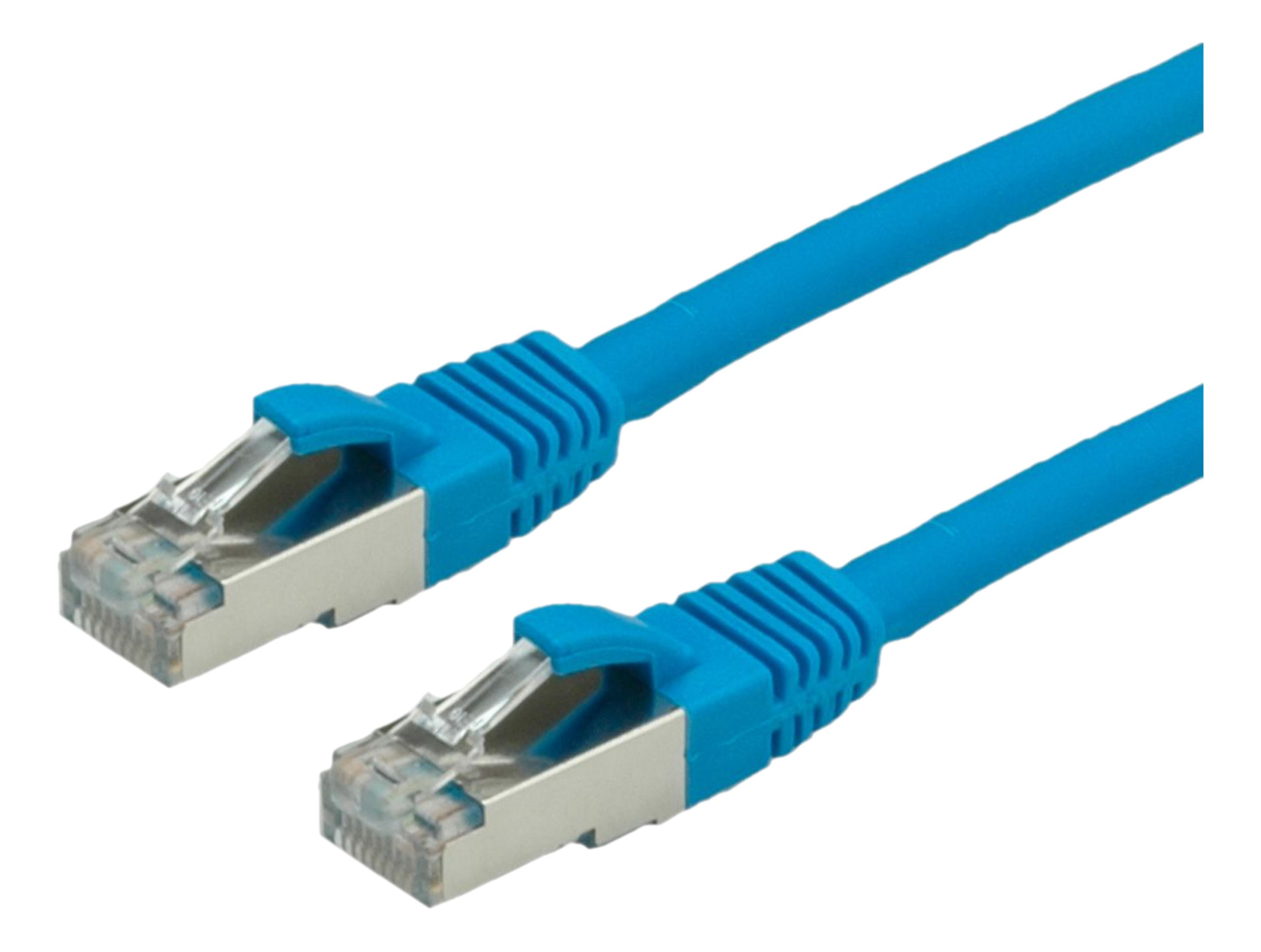 Twee blauwe netwerkkabels met RJ45-connectoren op witte achtergrond.