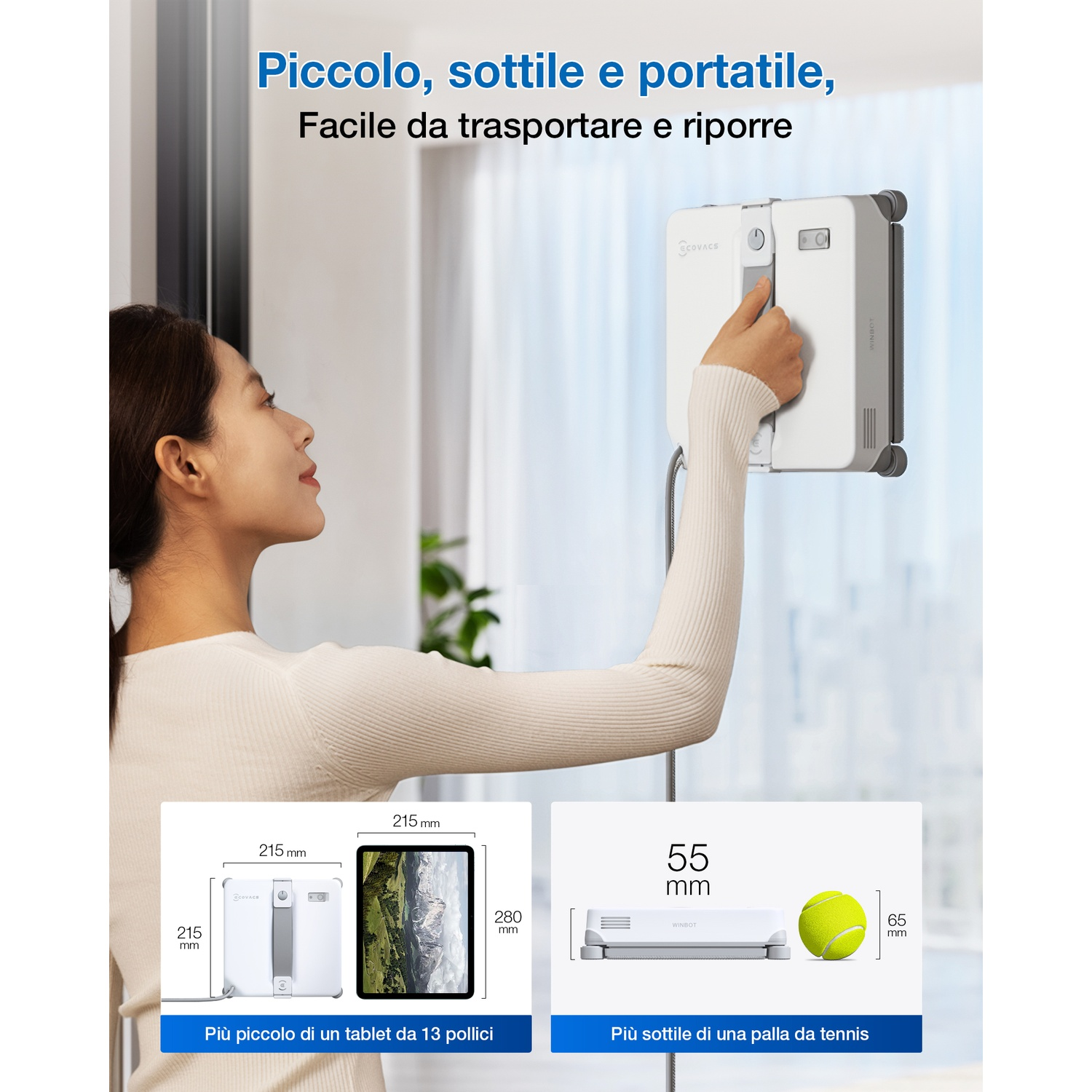 Frau hält weißen Fensterreinigungsroboter. Größenvergleich: Roboter vs. Tablet und Tennisball.