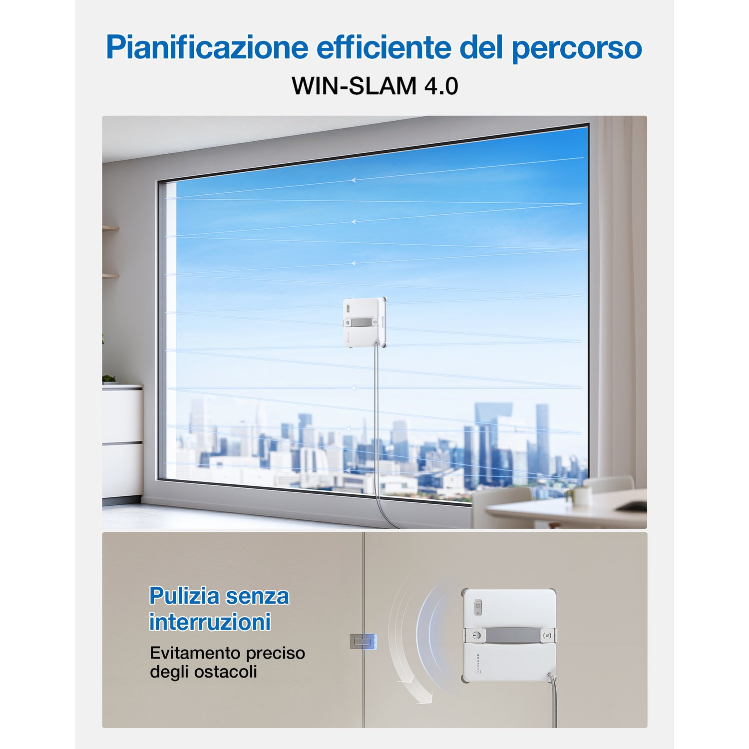 Fensterreinigungsroboter reinigt Fenster mit effizienter Routenplanung.