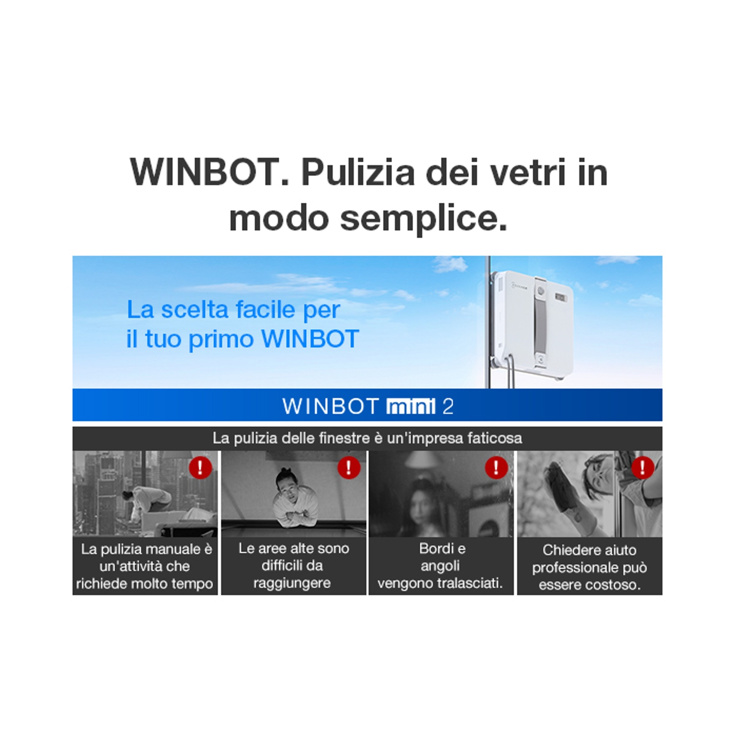 WINBOT Roboter reinigt Fenster. Bilder zeigen manuelles Putzen, hohe Bereiche, Ecken.