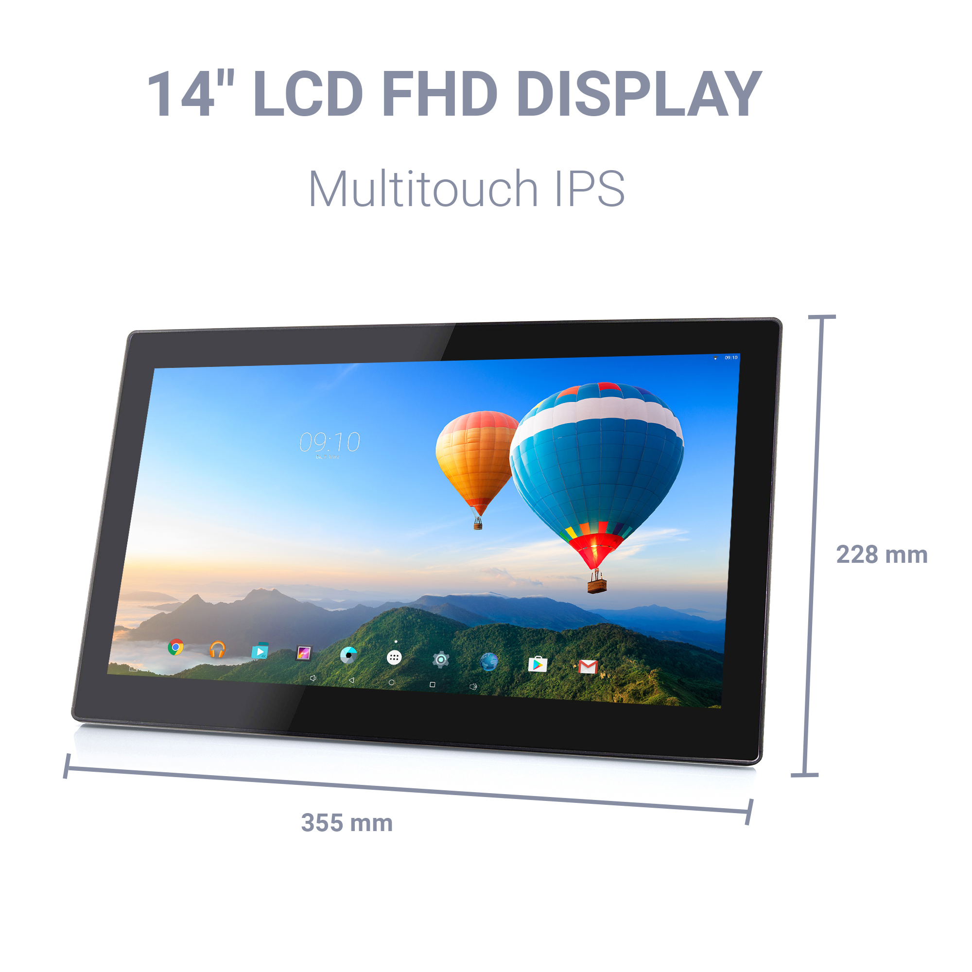 Ein 14-Zoll-Tablet mit FHD-Display und zwei Heißluftballons.